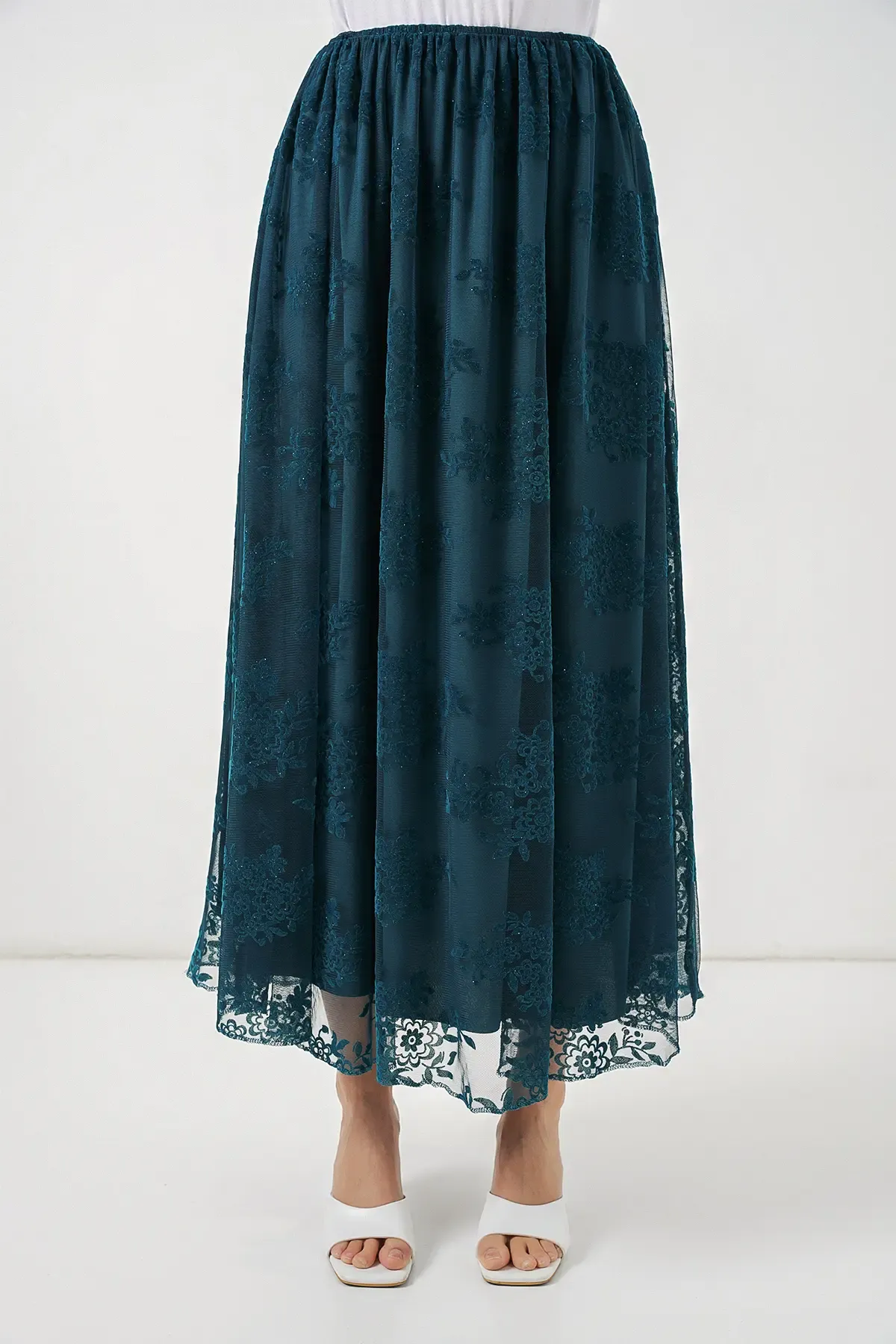 Kadın Flok Baskılı Uzun Tül Etek 8070 - Petrol