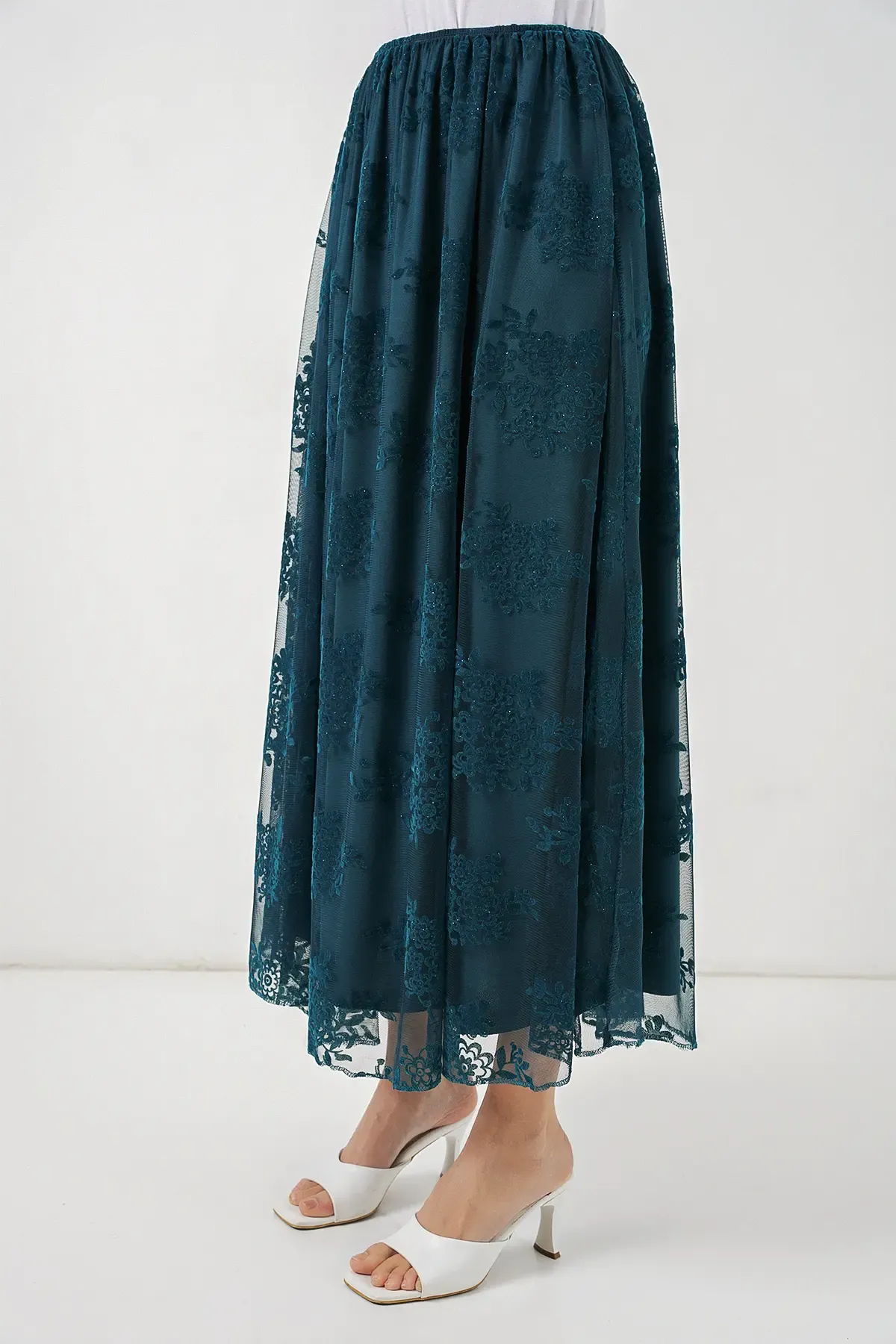 Kadın Flok Baskılı Uzun Tül Etek 8070 - Petrol