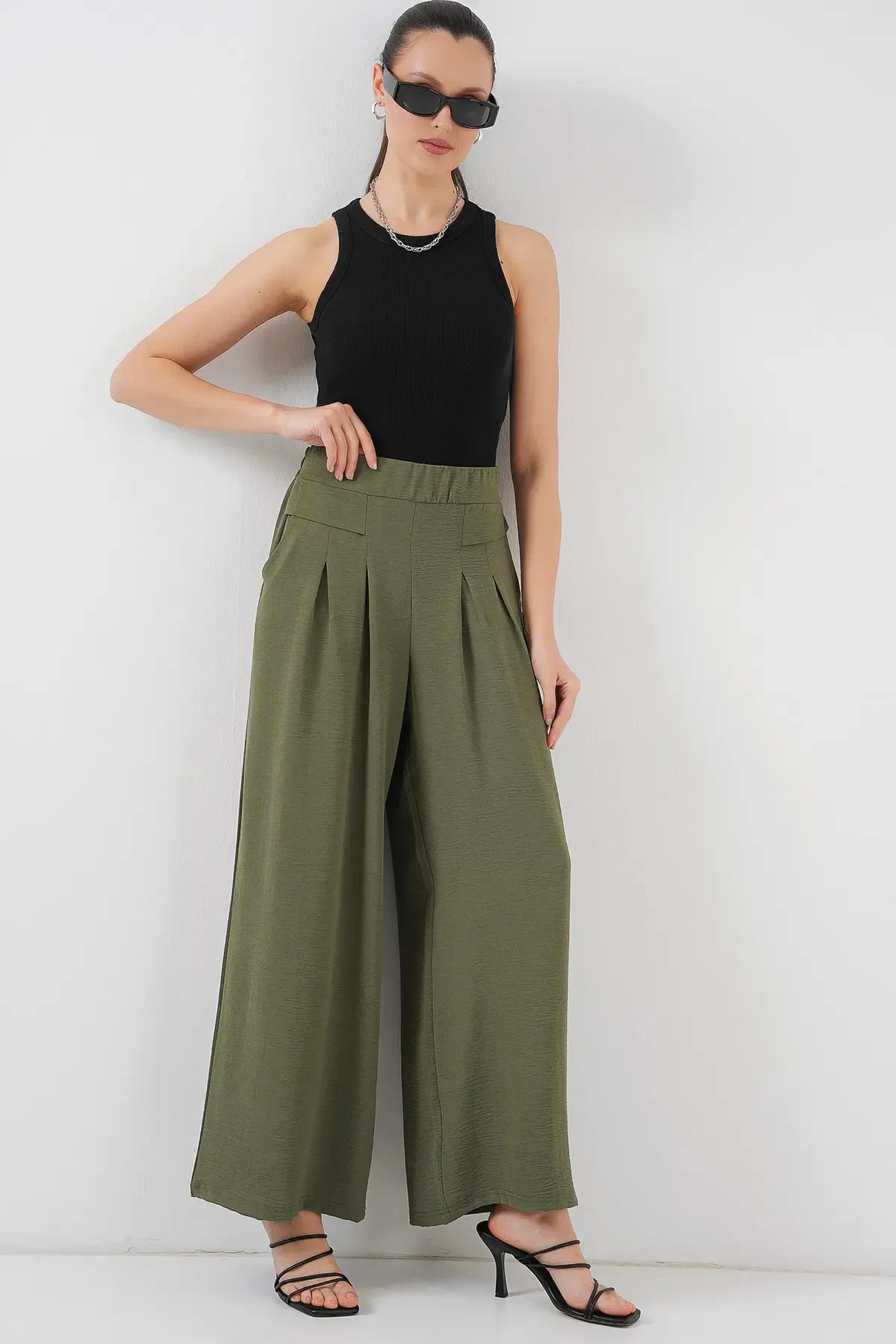 Kadın Geniş Paça Pileli Pantolon 6718 - Haki