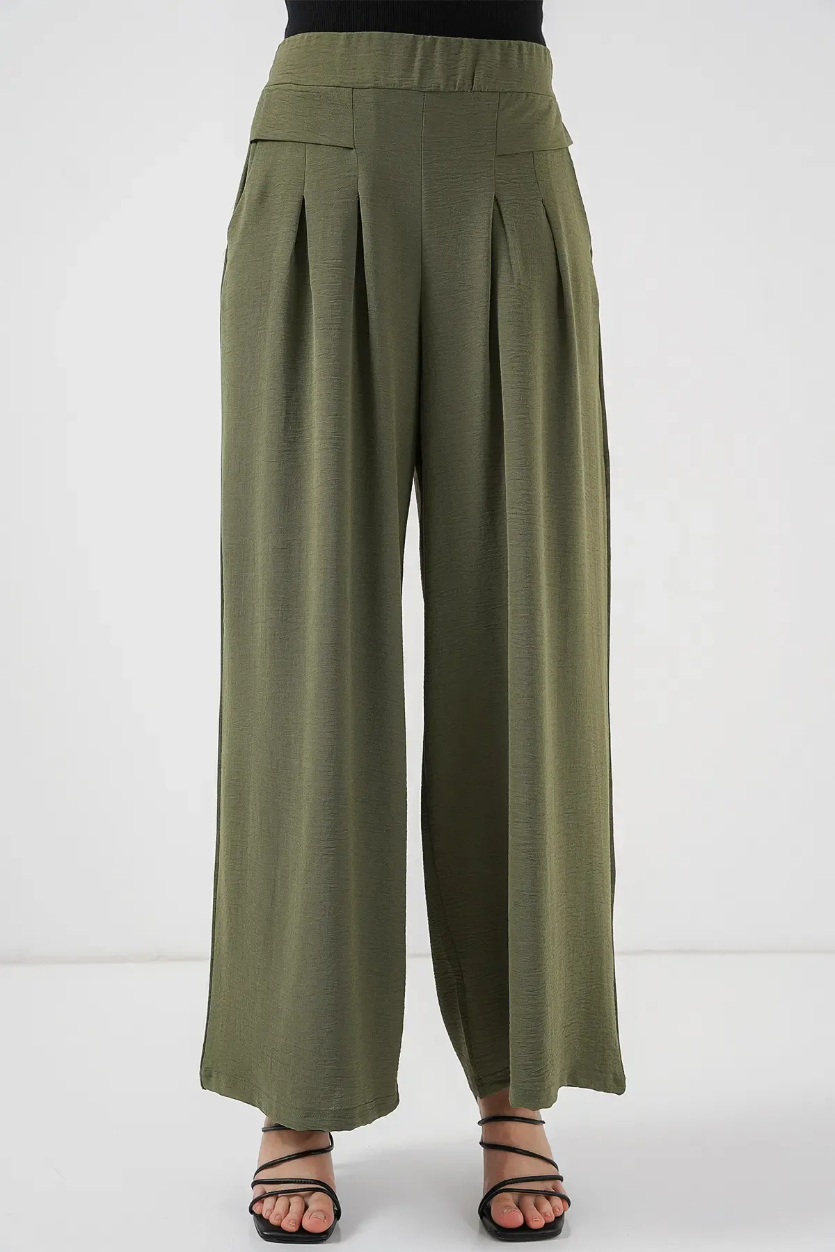 Kadın Geniş Paça Pileli Pantolon 6718 - Haki