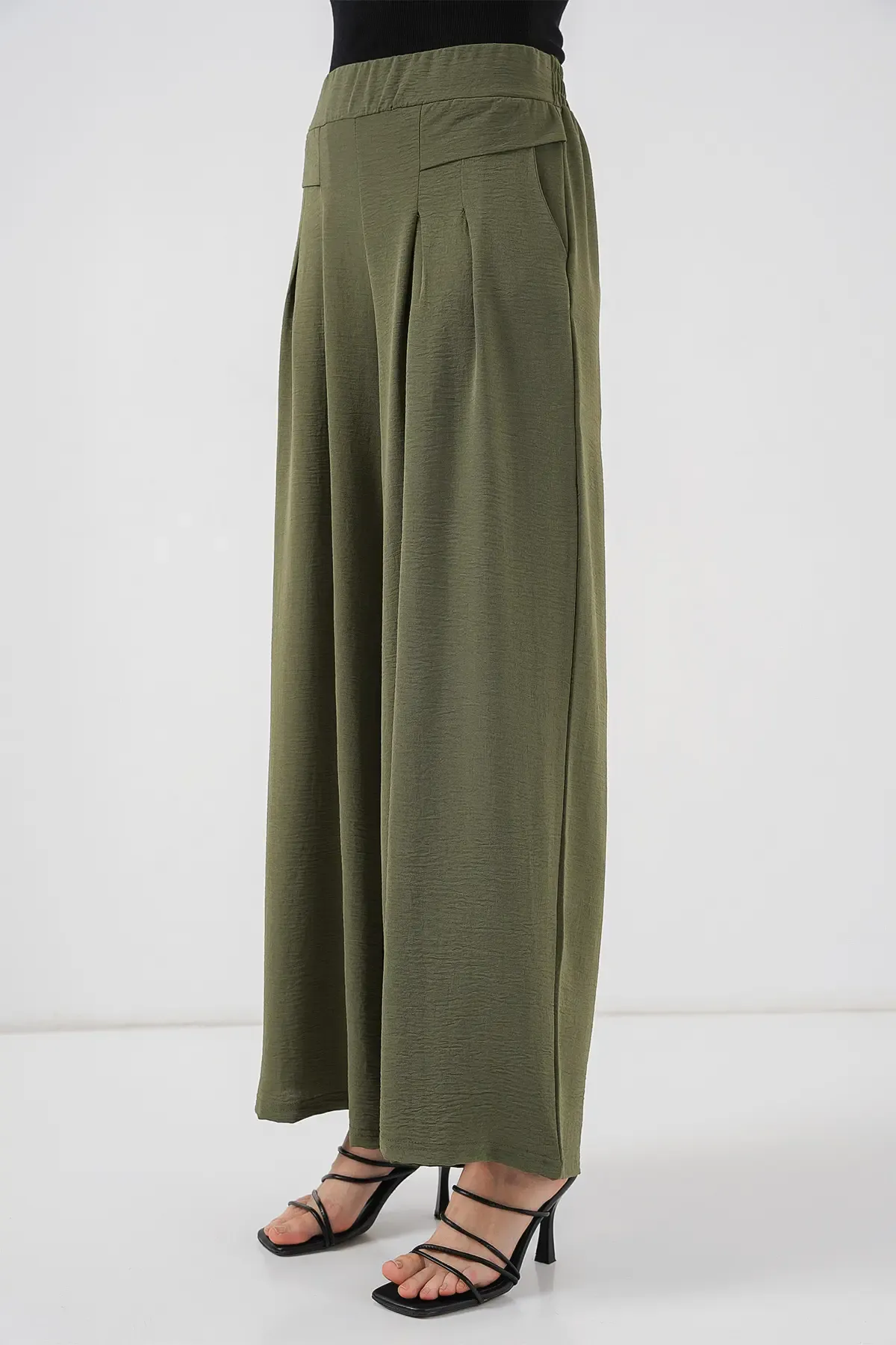 Kadın Geniş Paça Pileli Pantolon 6718 - Haki