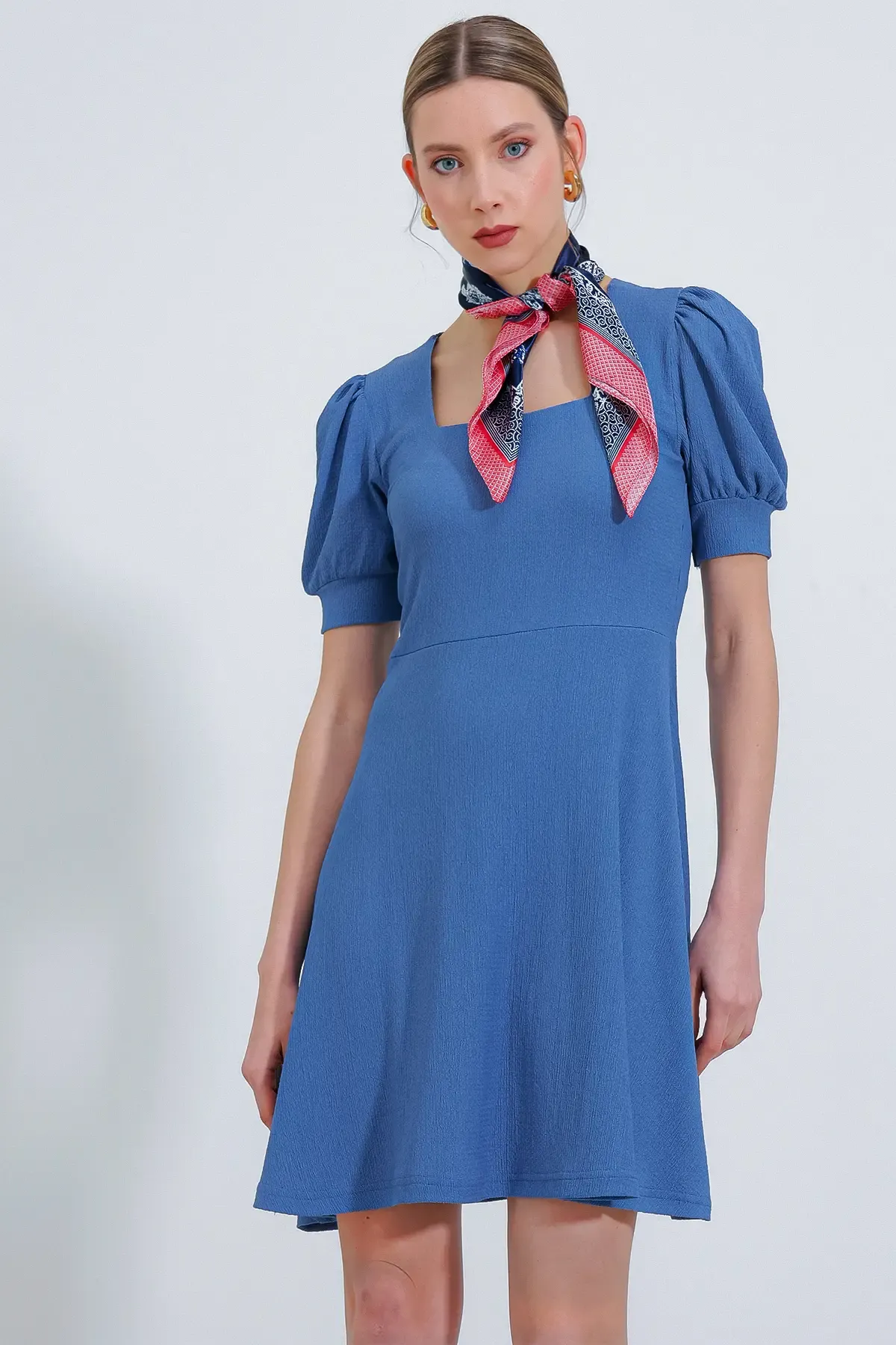 Kadın İndigo Kare Yaka Örme Mini Elbise