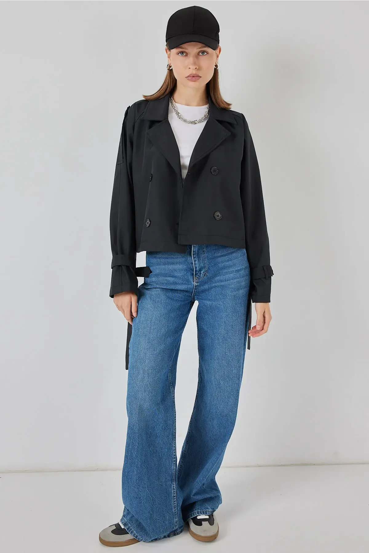 Kadın Kemerli Kısa Trençkot 5970 - Siyah