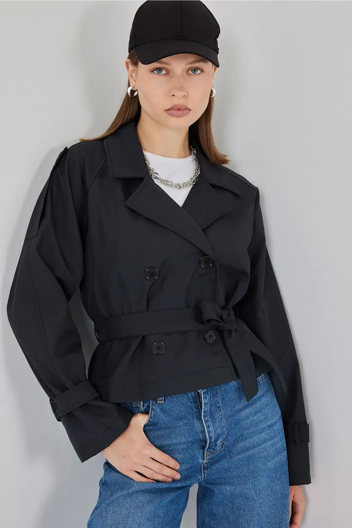Kadın Kemerli Kısa Trençkot 5970 - Siyah