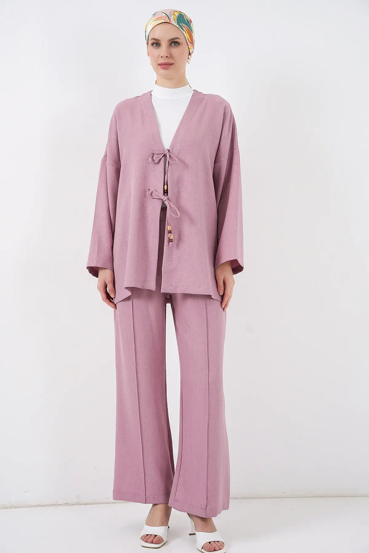 Kadın Keten Kimono İkili Takım 6727 - Gül Kurusu