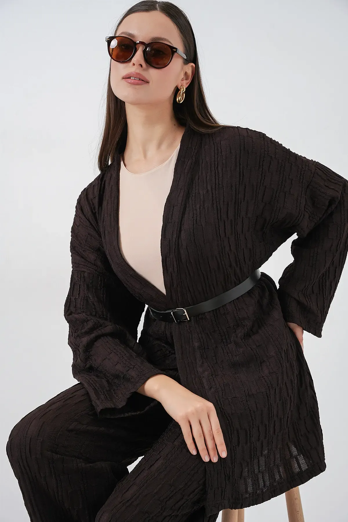 Kadın Kimono Pantolon İkili Takım 30078 - Kahverengi