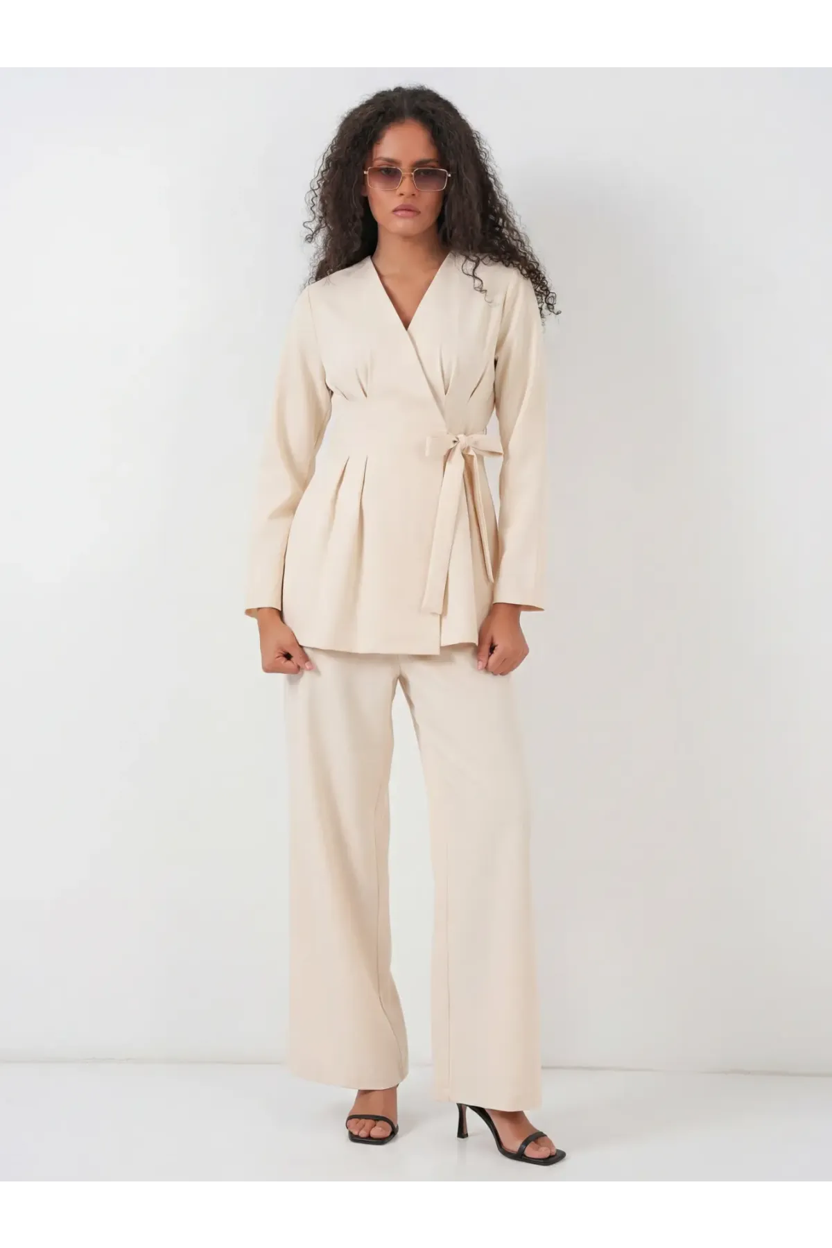 Kadın Kimono Pantolon Kumaş Takım 30054 - Bej