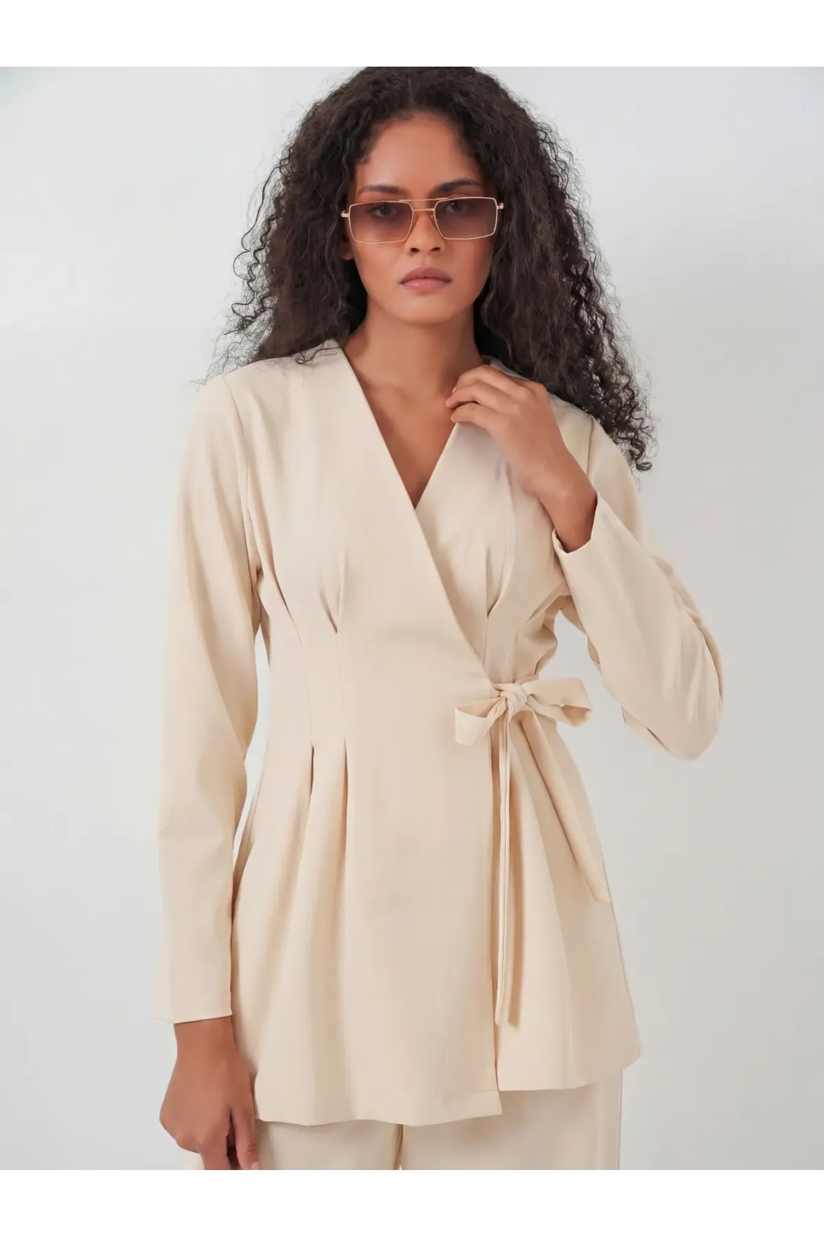 Kadın Kimono Pantolon Kumaş Takım 30054 - Bej