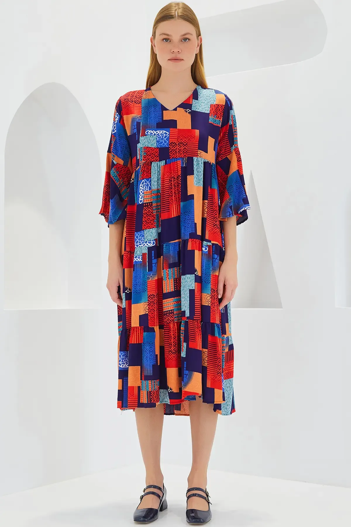 Kadın Kırmızı Saks Desenli Kısa Kol Viskon Elbise 1959