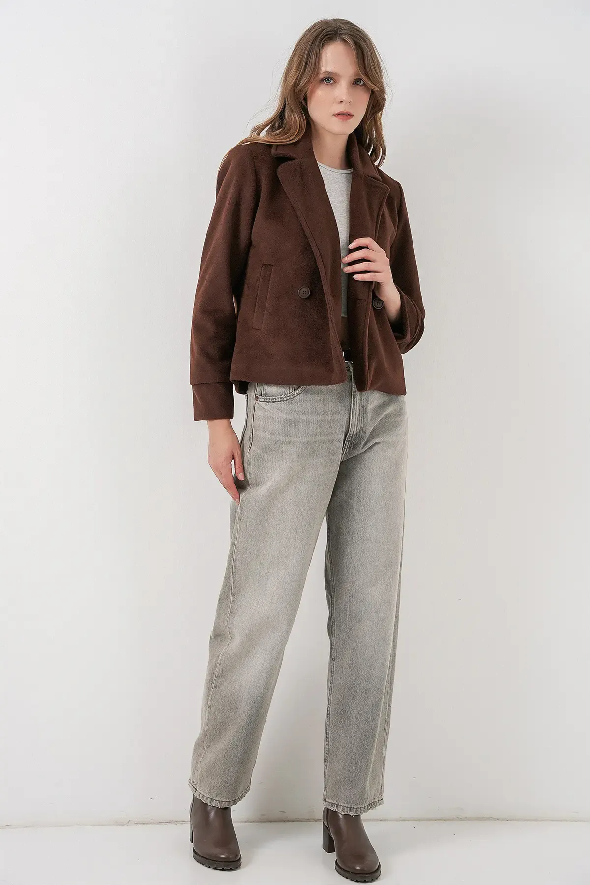 Kadın Kısa Kaşe Ceket 0725 - Kahverengi