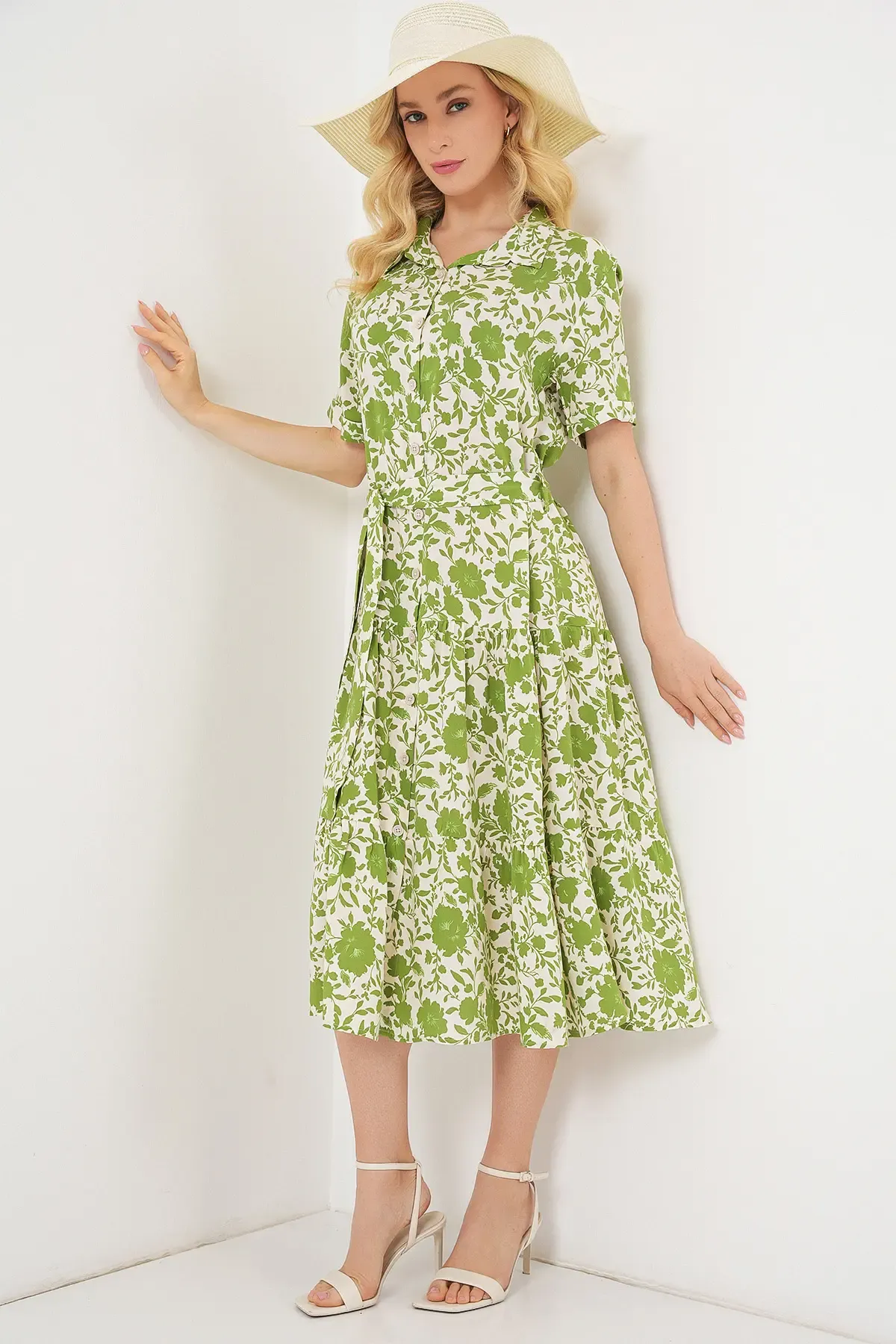 Kadın Kısa Kol Desenli Elbise 2560 - E.Yeşil