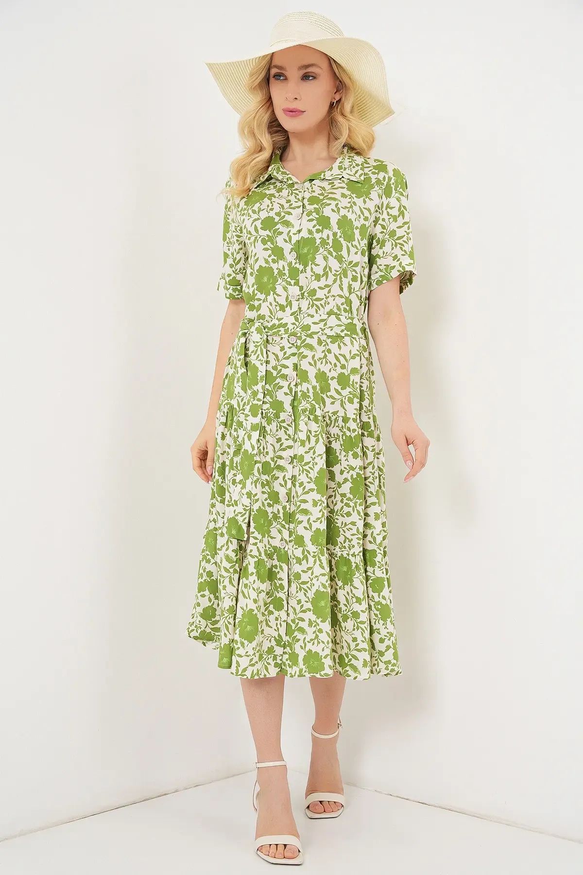 Kadın Kısa Kol Desenli Elbise 2560 - E.Yeşil