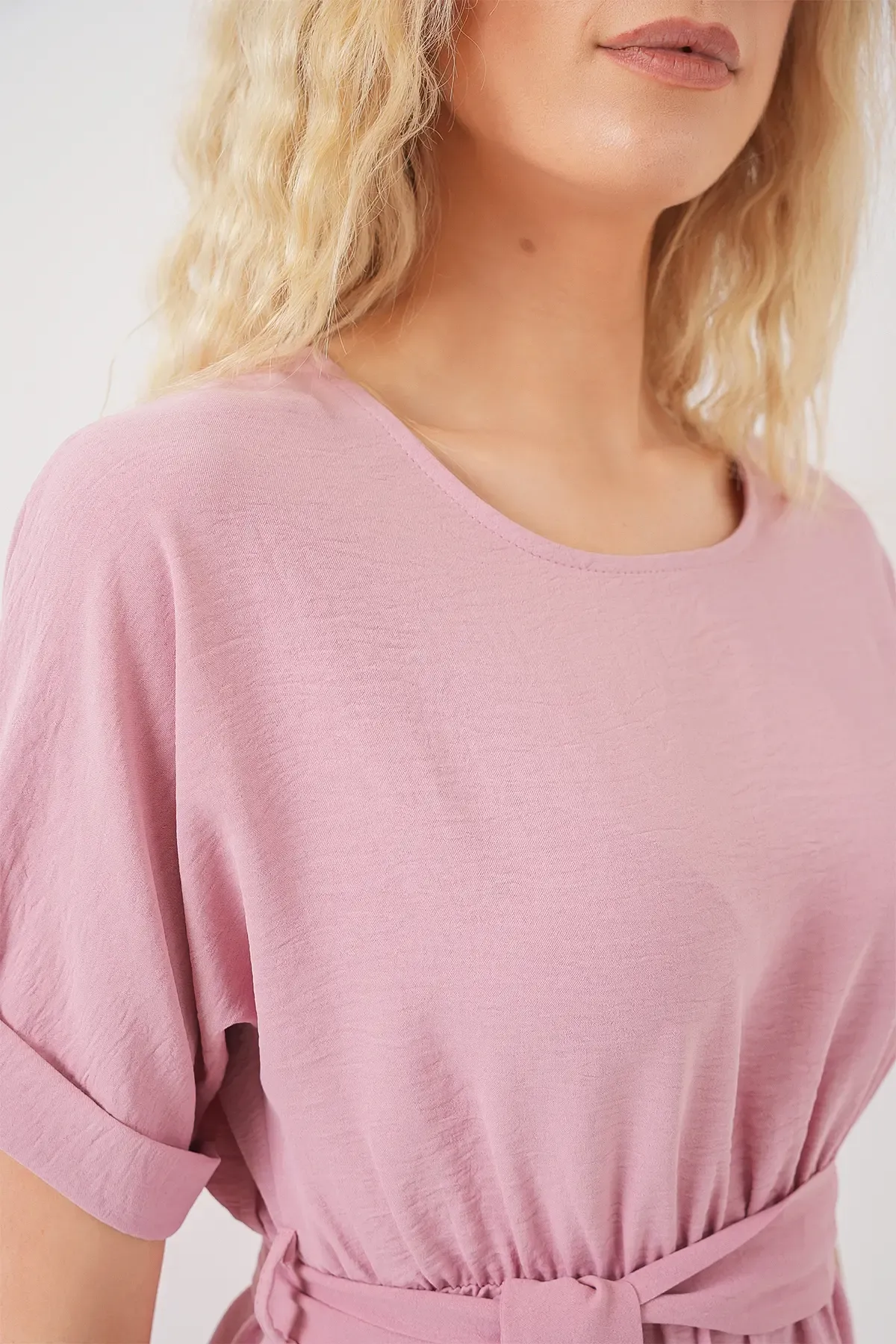 Kadın Kısa Kol Mini Ayrobin Elbise 2572 - Pudra