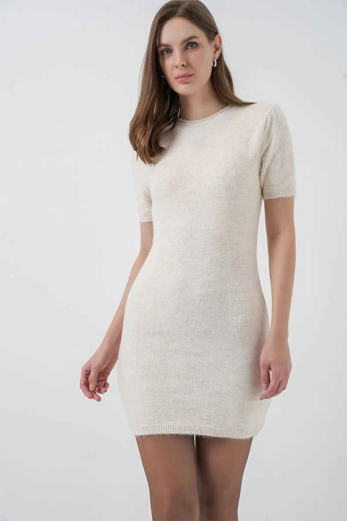 Kadın Kısa Kol Triko Elbise 15950 - Krem