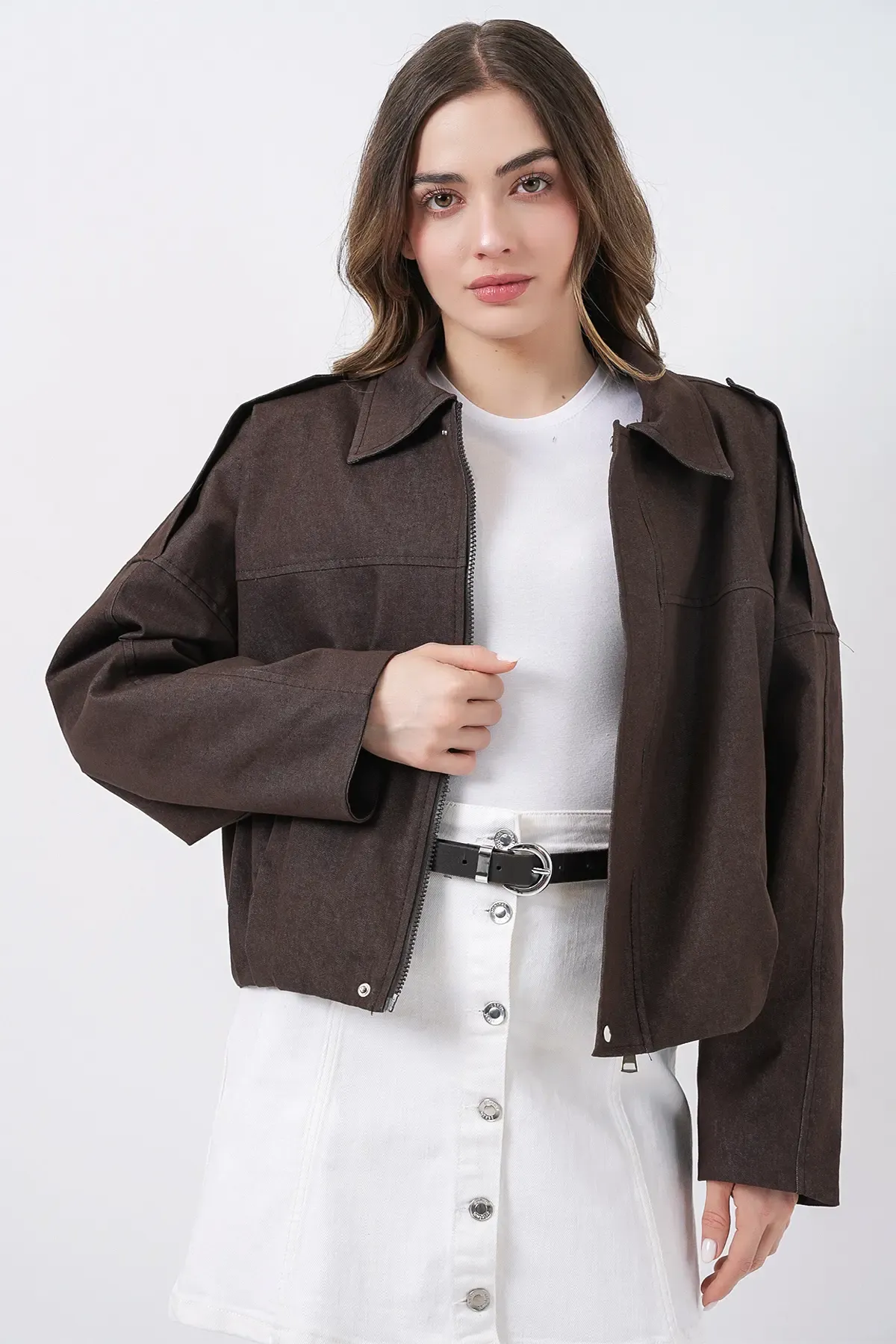 Kadın Kot Bomber Ceket 0737 - Kahverengi