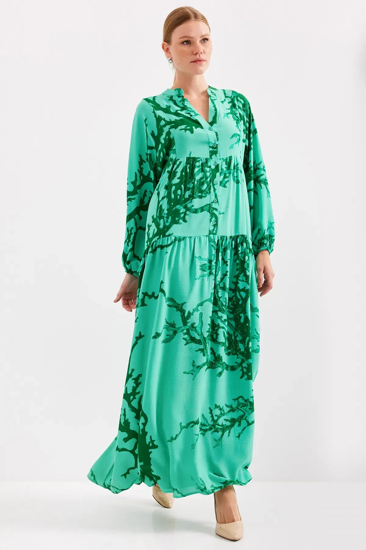 Kadın Koyu Yeşil Viskon Tesettür Elbise 2423