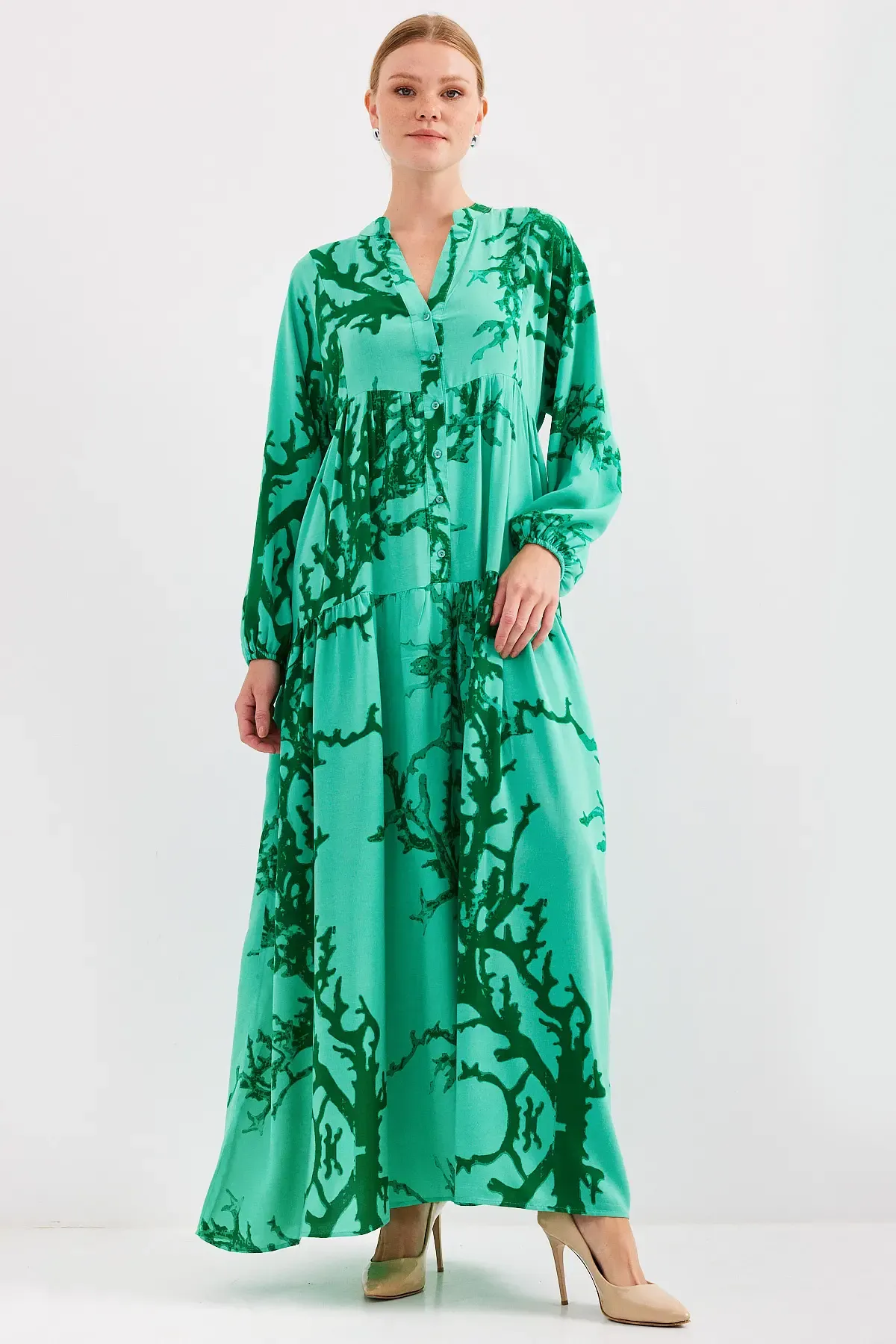 Kadın Koyu Yeşil Viskon Tesettür Elbise 2423