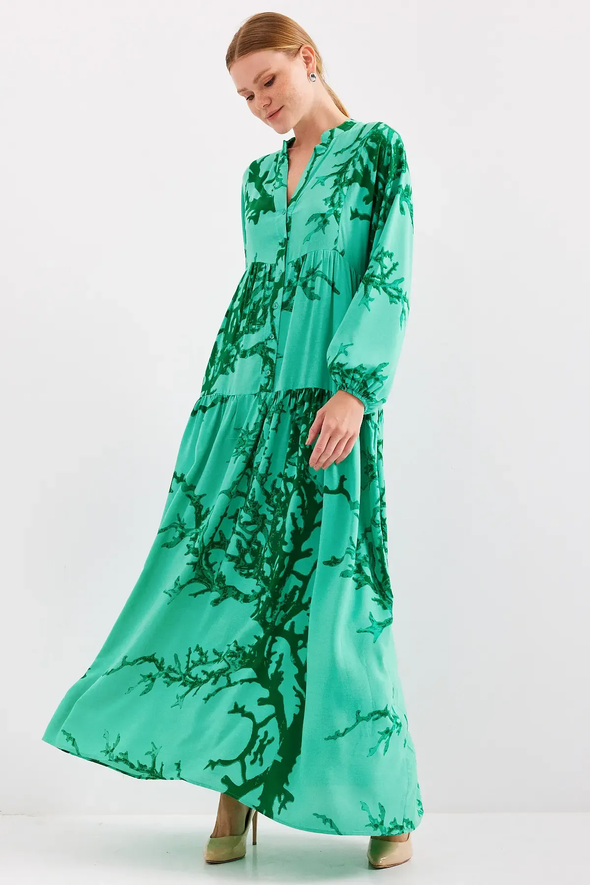 Kadın Koyu Yeşil Viskon Tesettür Elbise 2423