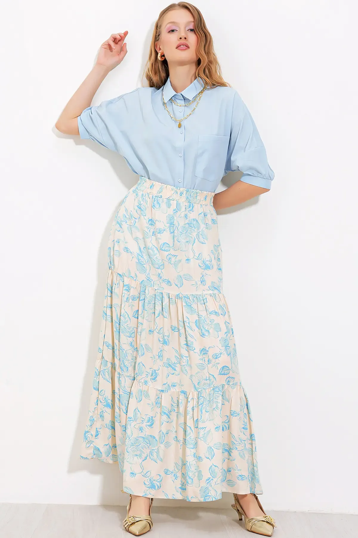 Kadın Krem Mavi Desenli Uzun Viskon Etek 1898