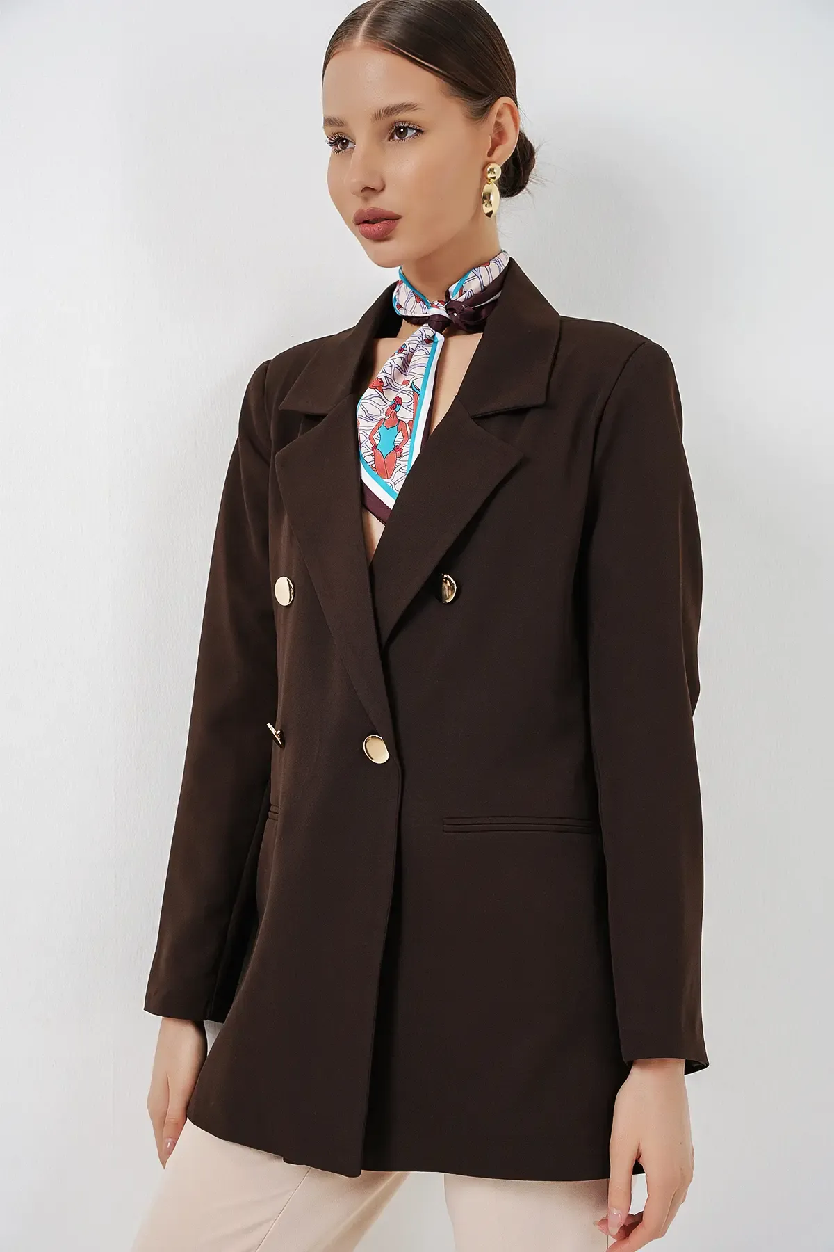 Kadın Kruvaze Yaka Blazer Ceket 0722 - Kahverengi