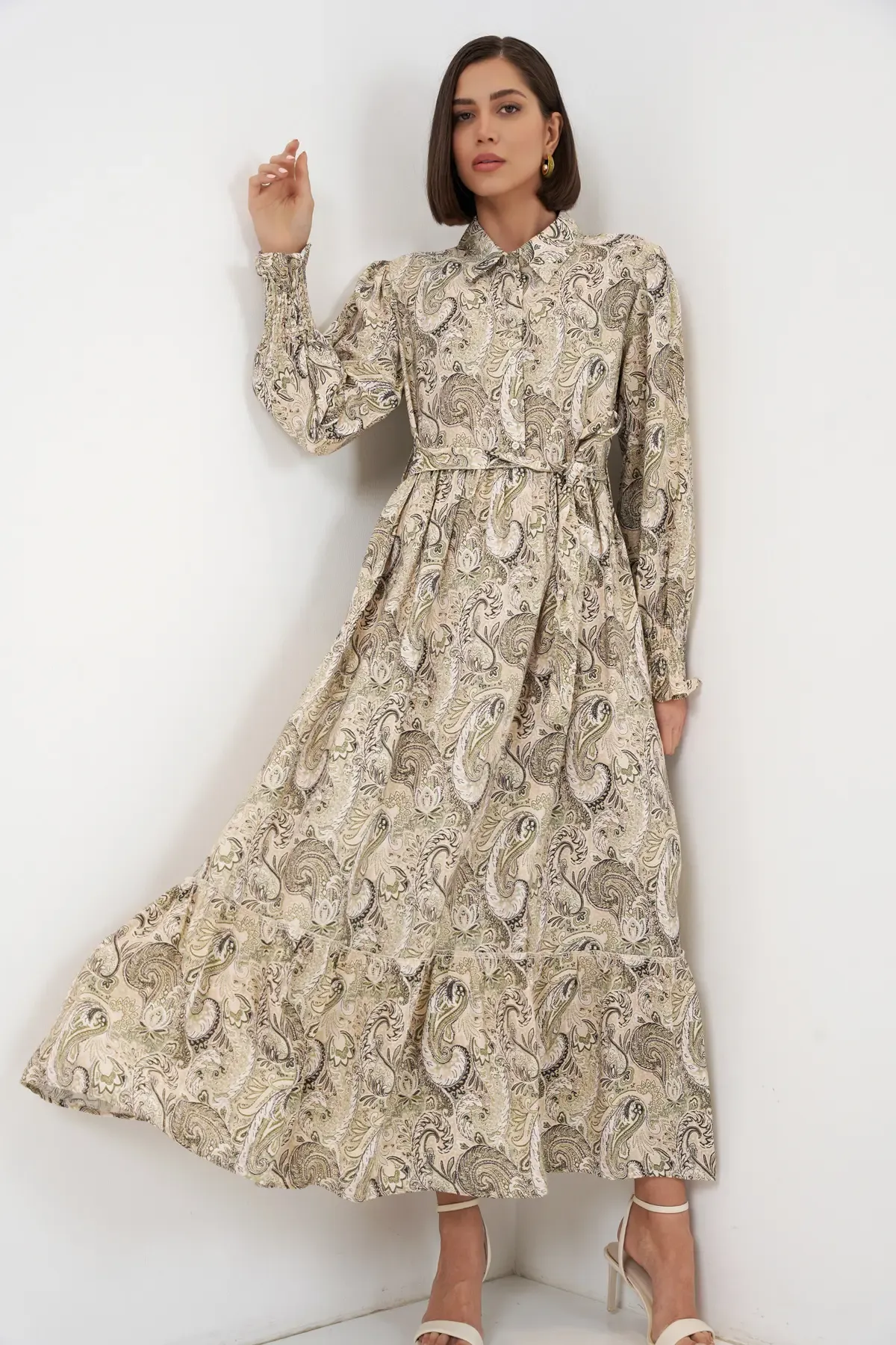 Kadın Kuşaklı Tesettür Elbise 2589 - Bej