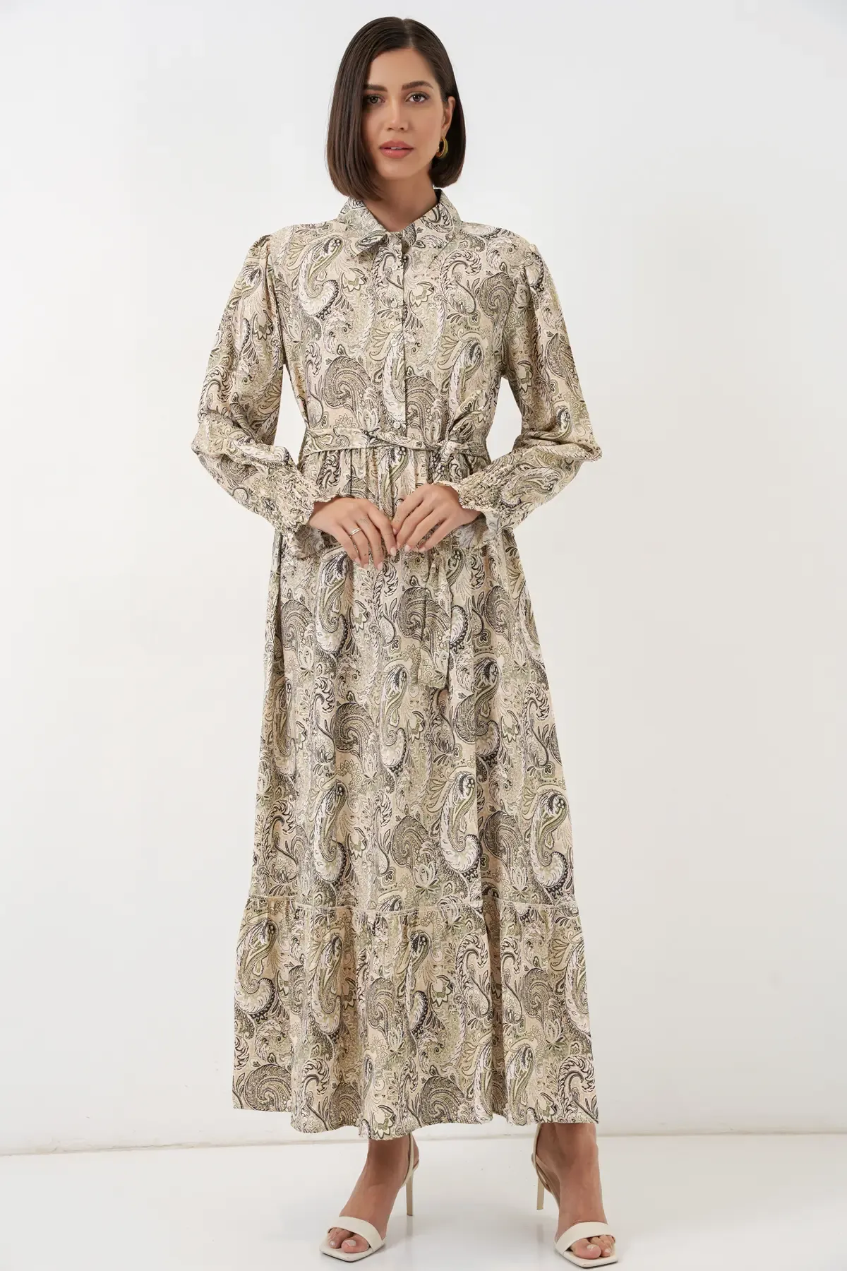 Kadın Kuşaklı Tesettür Elbise 2589 - Bej