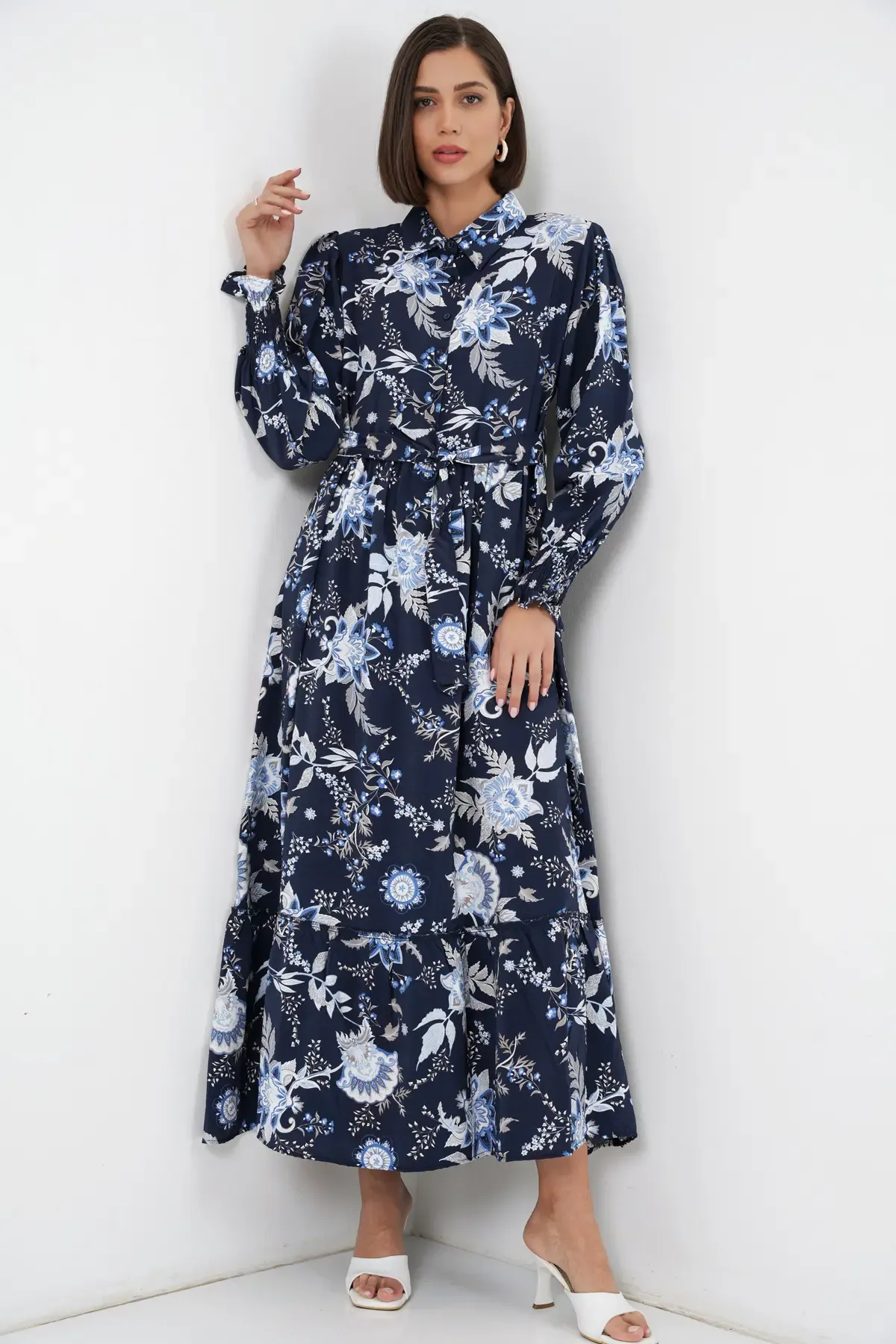 Kadın Kuşaklı Tesettür Elbise 2589 - Lacivert