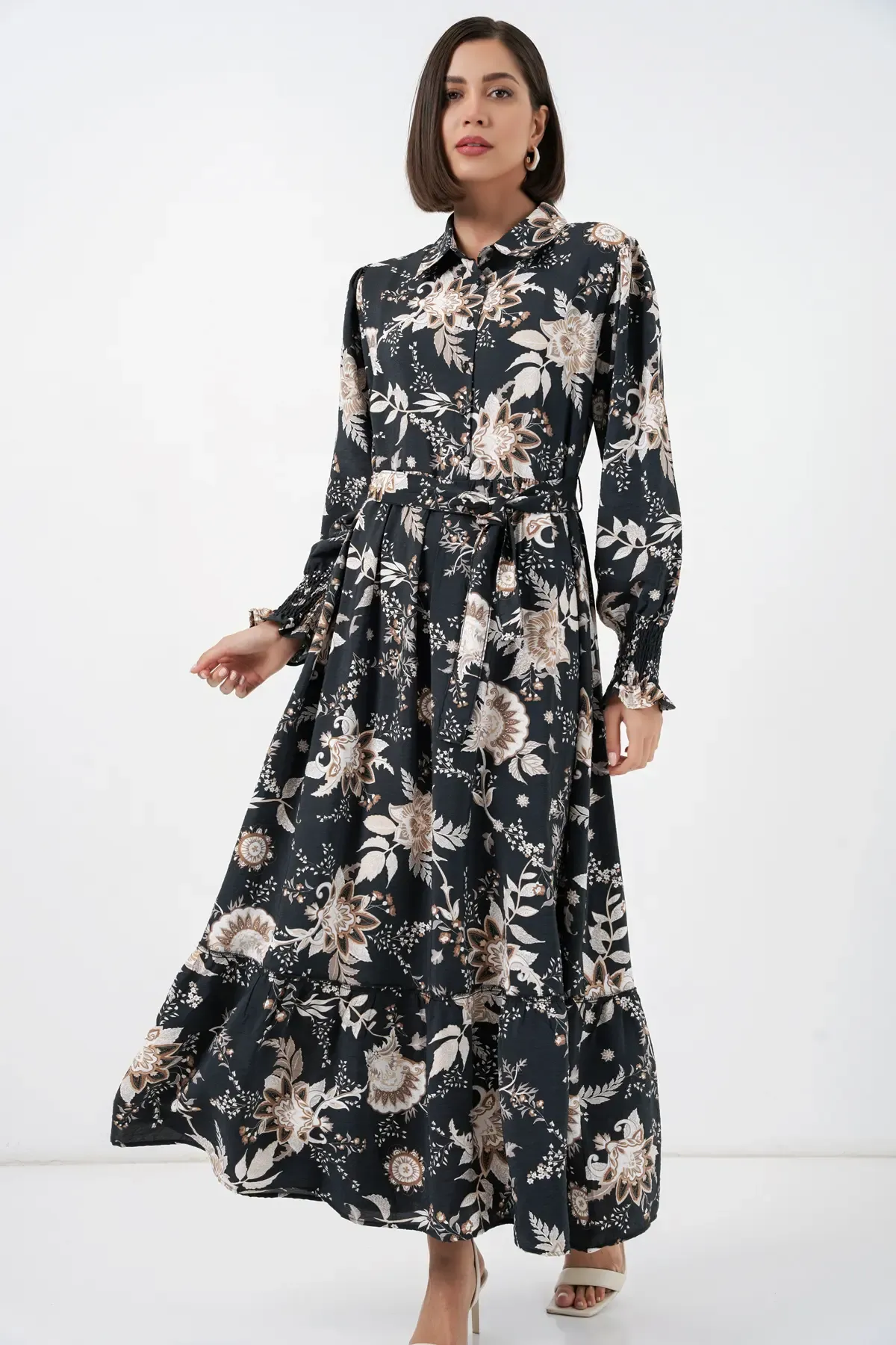 Kadın Kuşaklı Tesettür Elbise 2589 - Y.Siyah