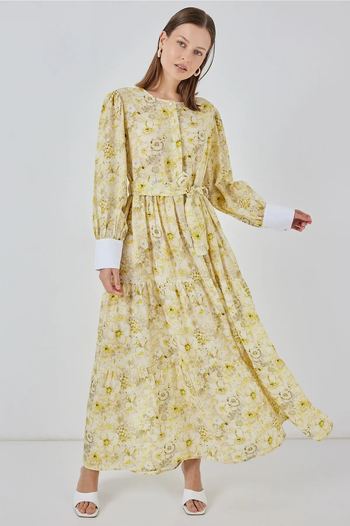 Kadın Kuşaklı Uzun Elbise 2584 - Sarı