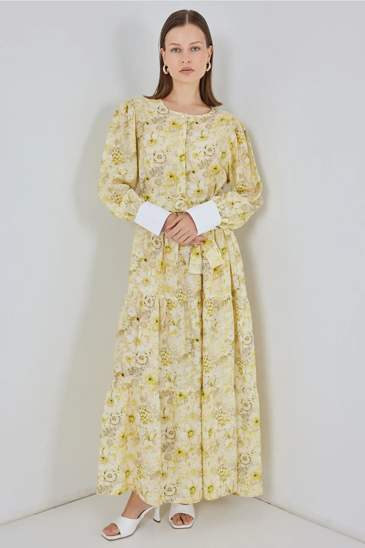 Kadın Kuşaklı Uzun Elbise 2584 - Sarı