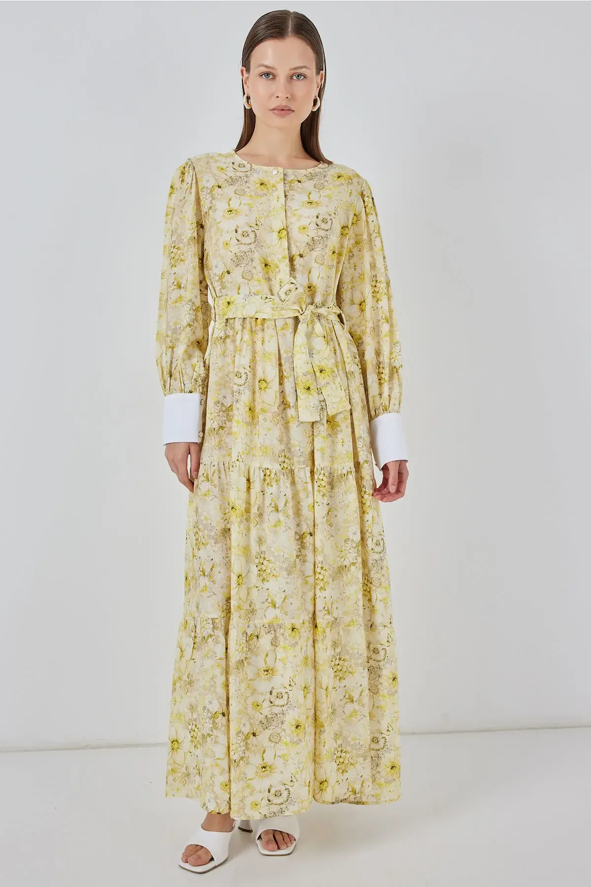 Kadın Kuşaklı Uzun Elbise 2584 - Sarı