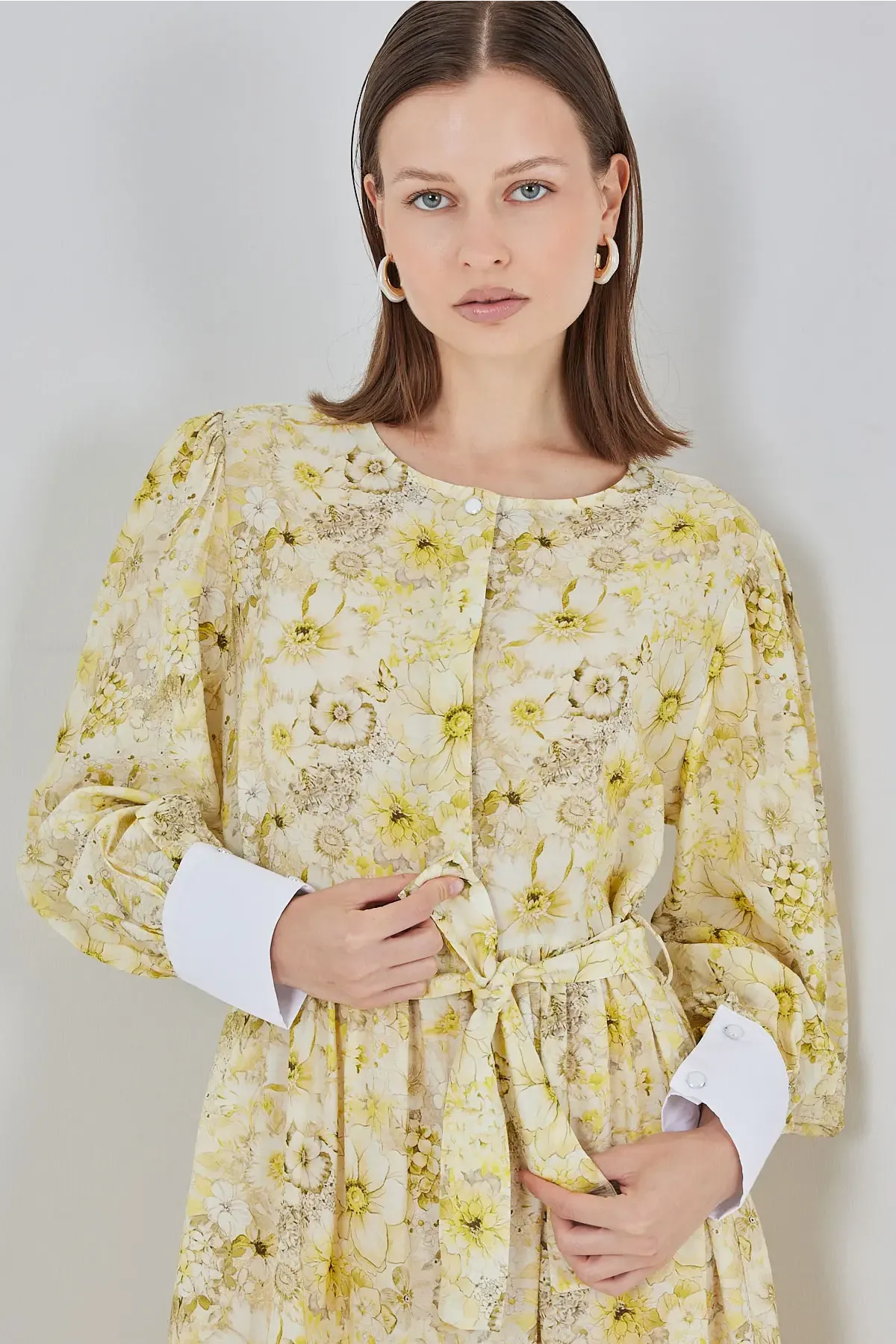 Kadın Kuşaklı Uzun Elbise 2584 - Sarı