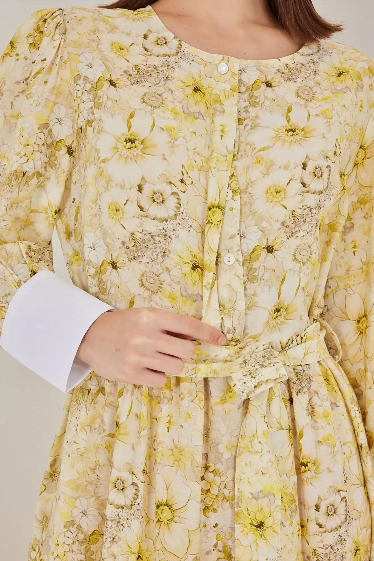 Kadın Kuşaklı Uzun Elbise 2584 - Sarı