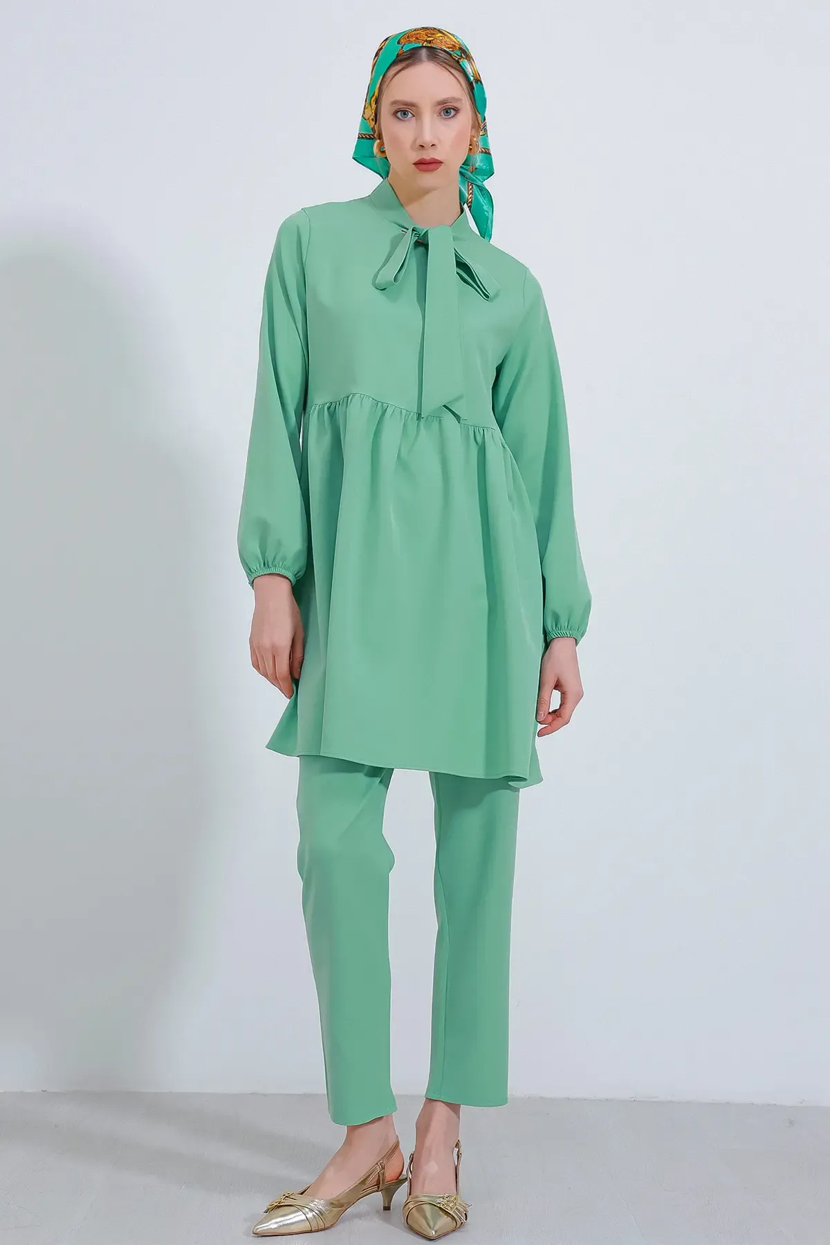 Kadın Mint Örme Pantolon Tunik Alt Üst Takım 6654