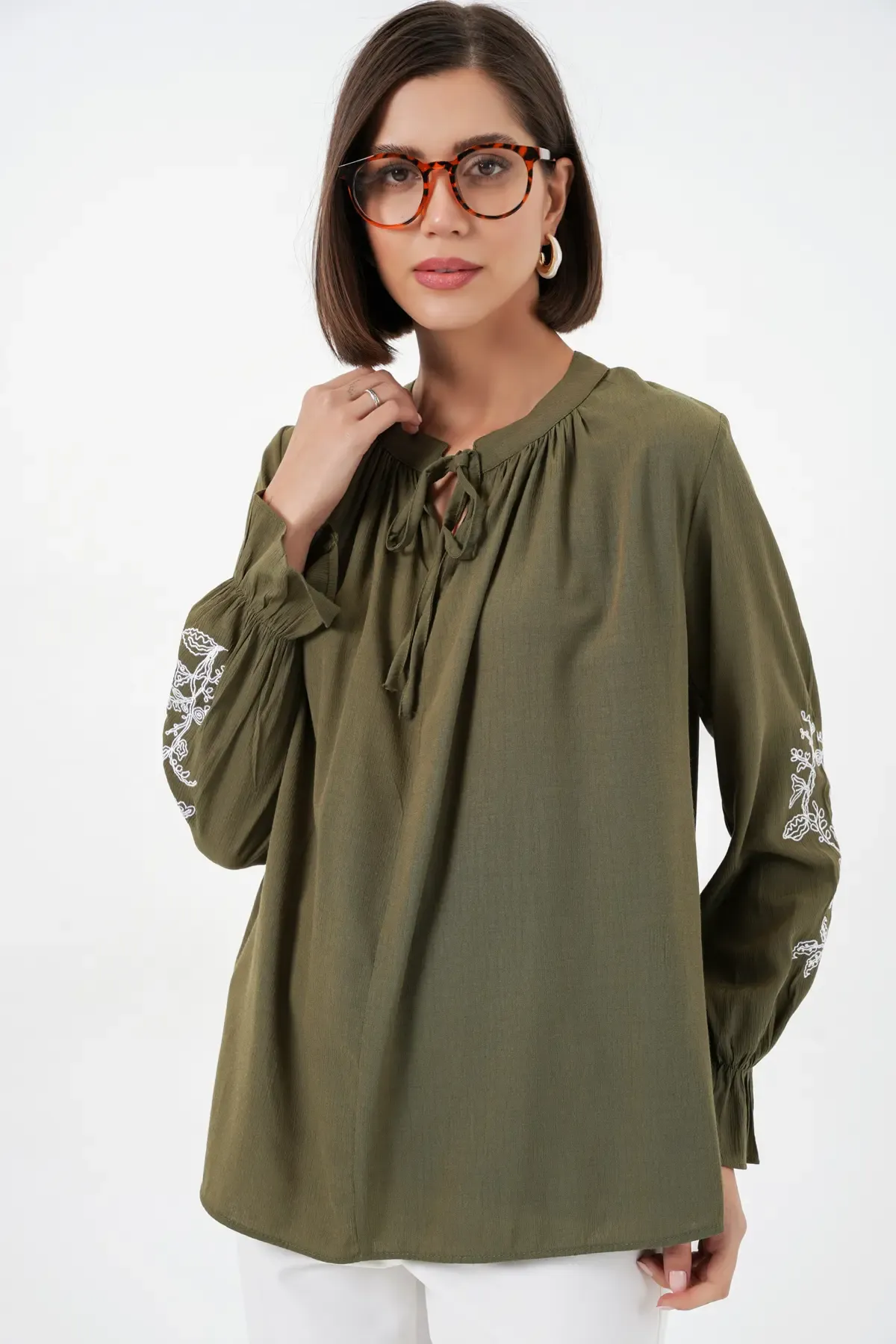 Kadın Nakışlı Örme Bluz 941 - Haki