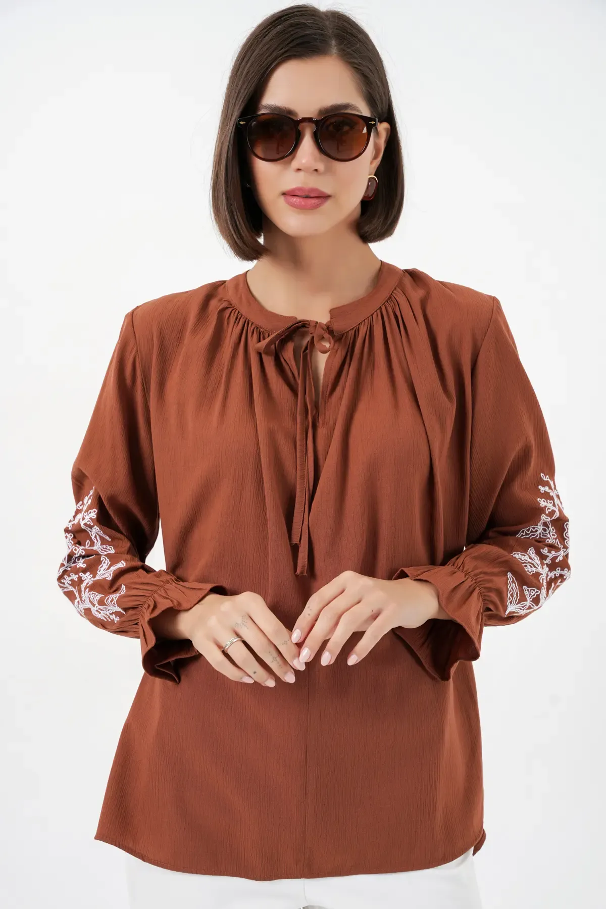 Kadın Nakışlı Örme Bluz 941 - Kiremit