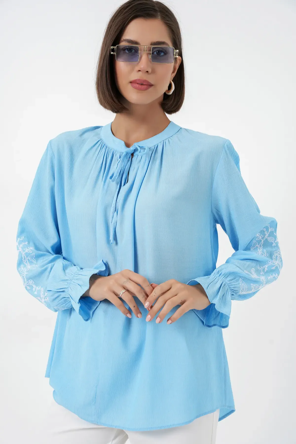 Kadın Nakışlı Örme Bluz 941 - Mavi