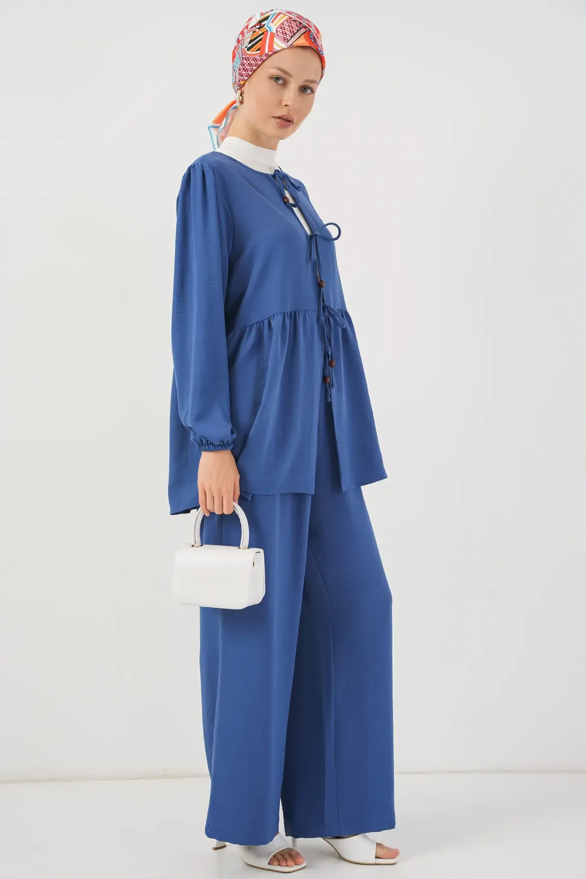 Kadın Önü Bağcıklı Tunik Pantolon İkili Takım 6744 - İndigo