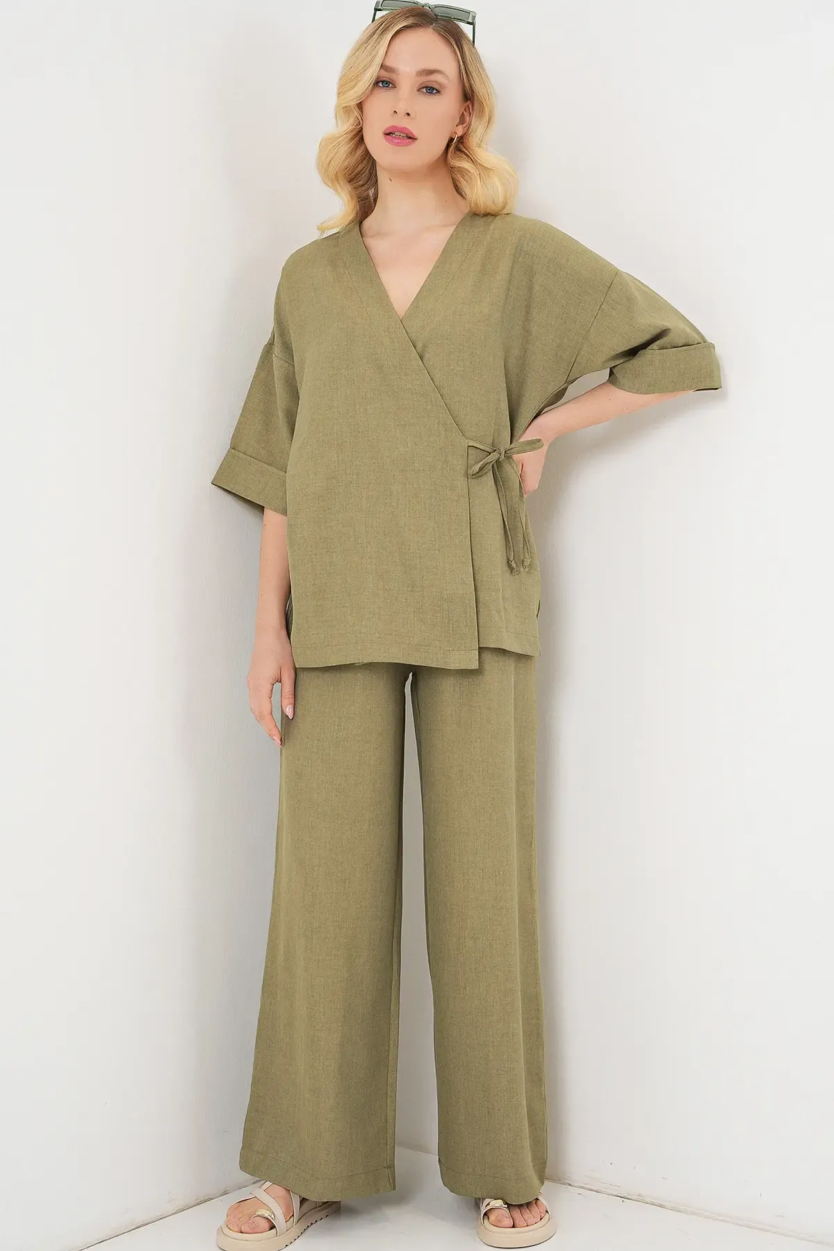 Kadın Önü Bağlamalı Alt Üst Takım 6745 - Çağla