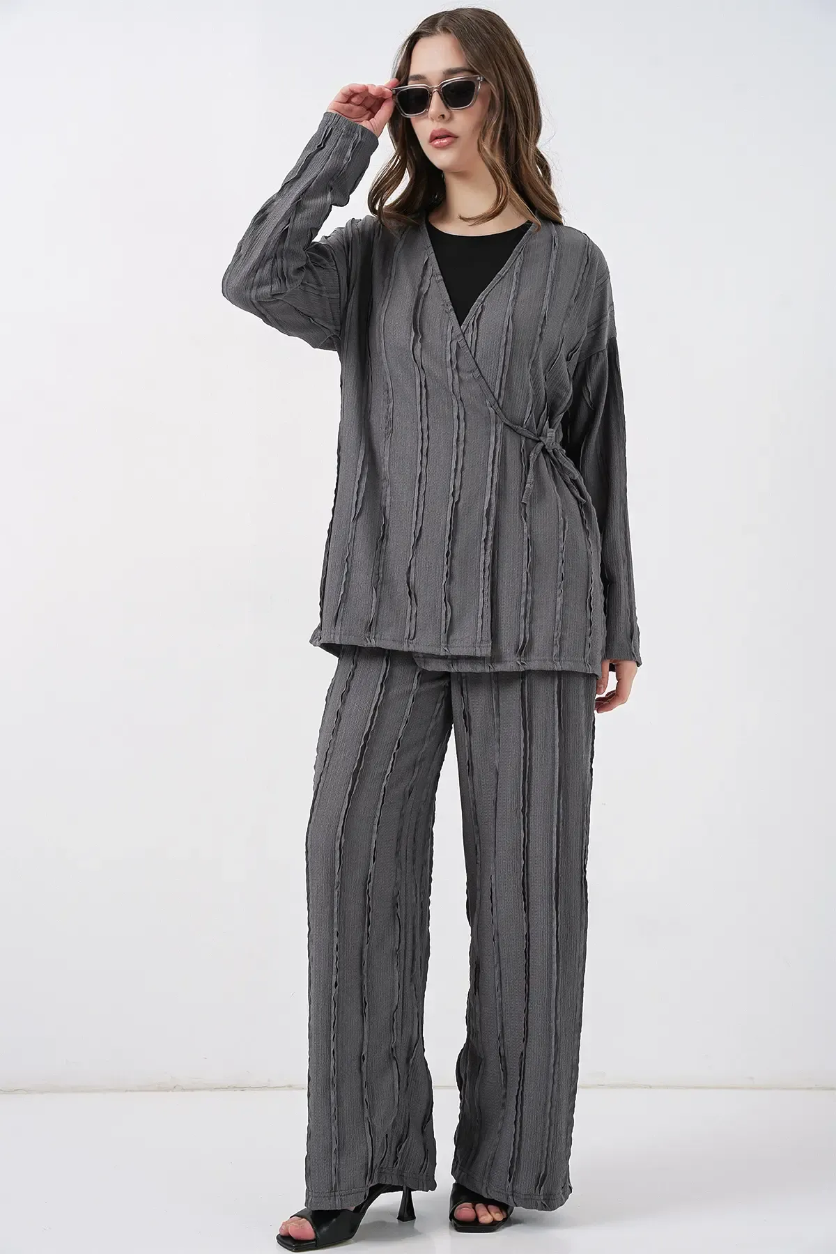 Kadın Örme Kimono Pantolon İkili Takım 30067 - Gri