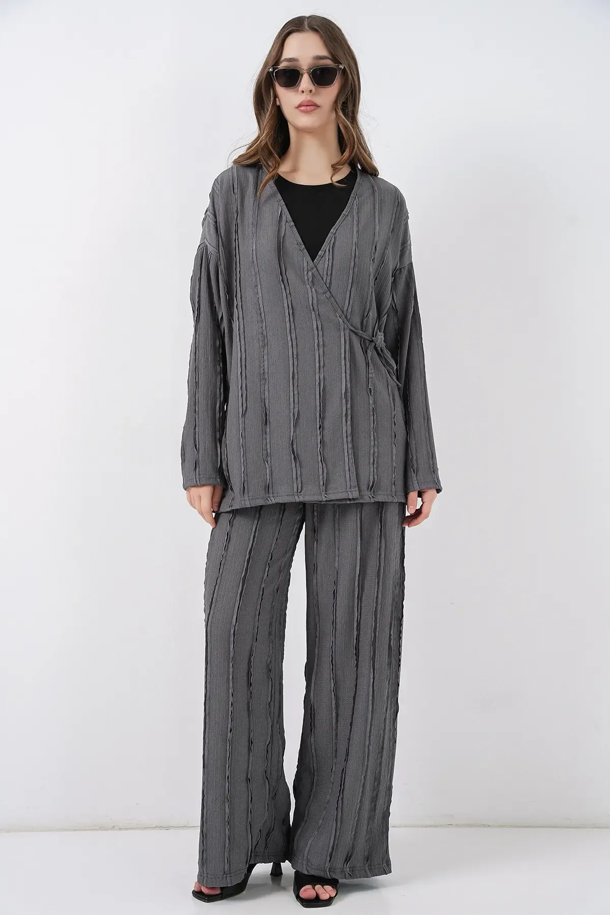 Kadın Örme Kimono Pantolon İkili Takım 30067 - Gri