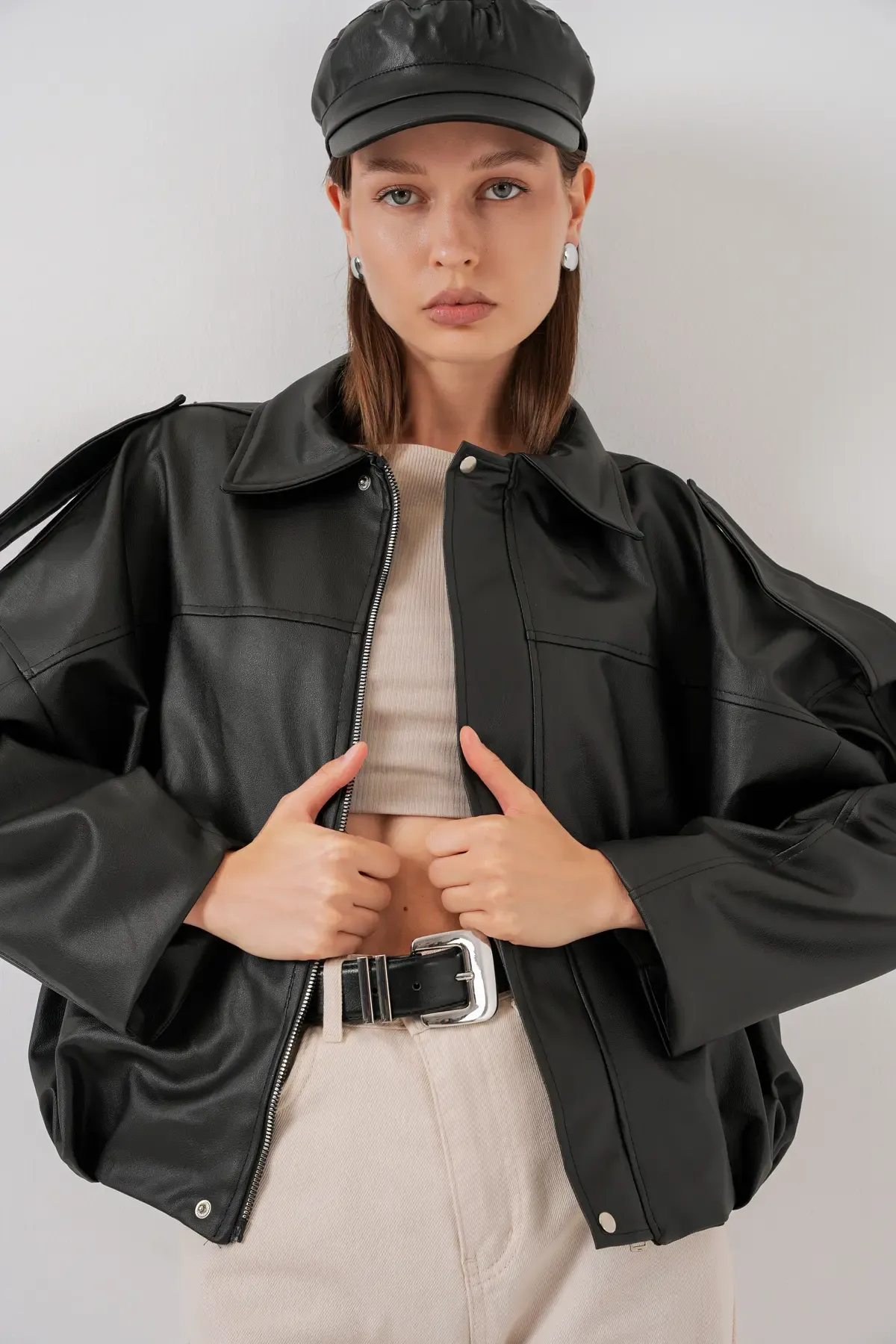 Kadın Oversize Deri Ceket 1055 - Siyah