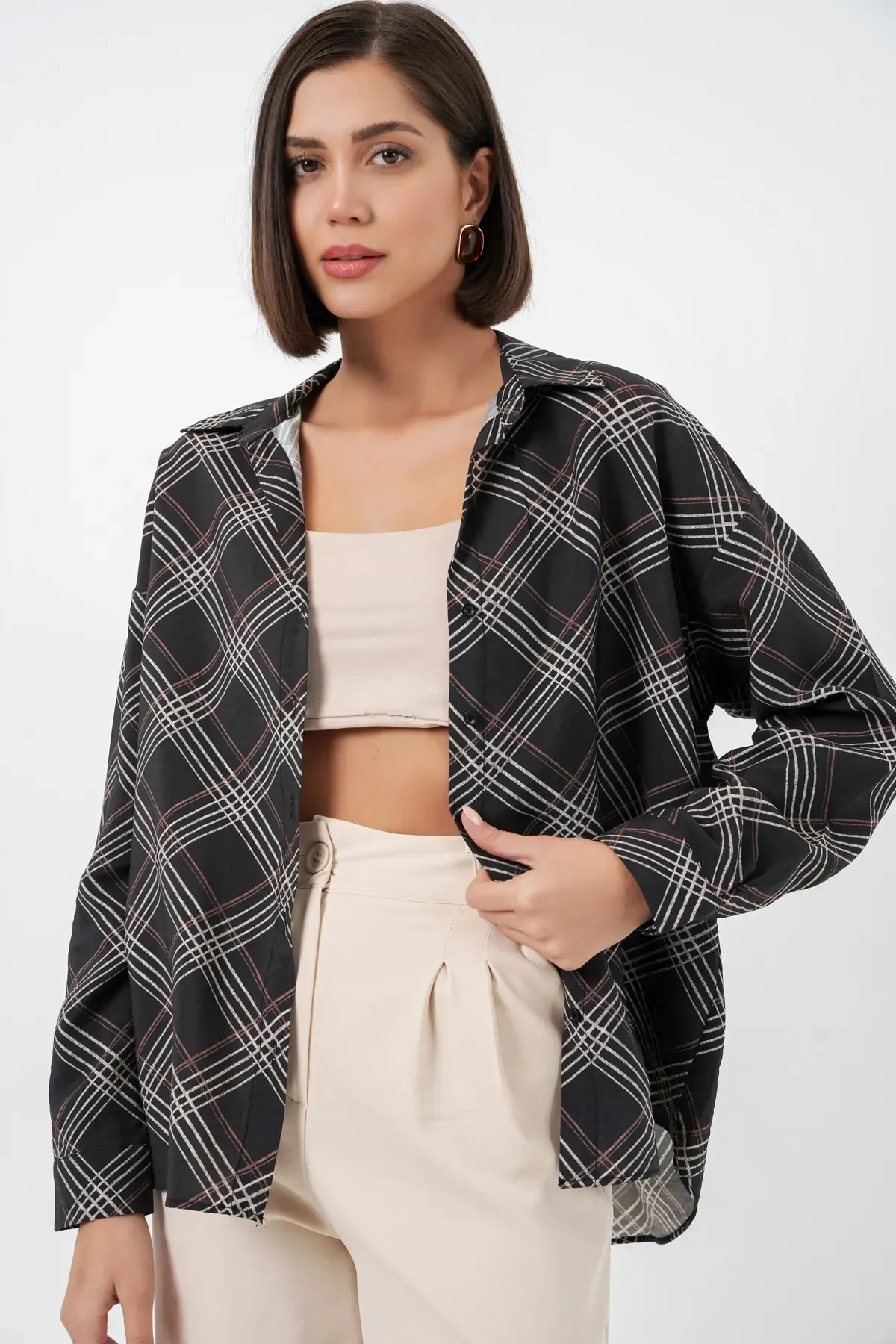 Kadın Oversize Desenli Gömlek 20372 - Siyah