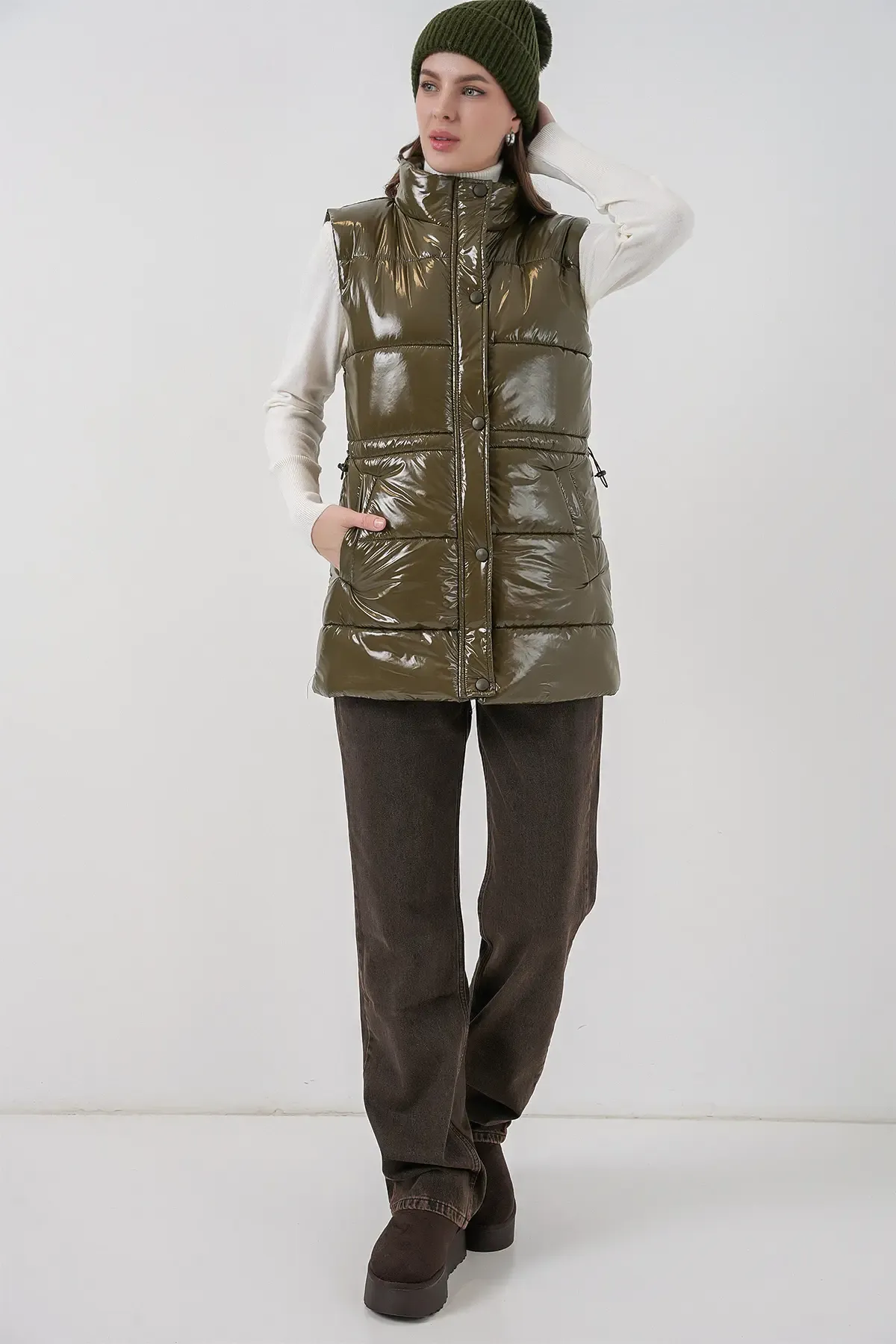 Kadın Parlak Şişme Yelek 5218 - Haki