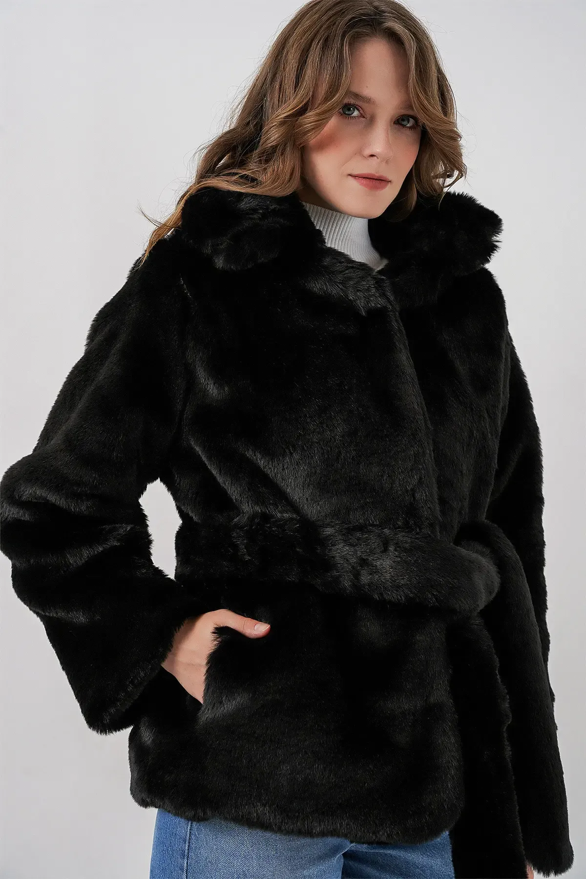 Kadın Peluş Kürk Mont 5234 - Siyah