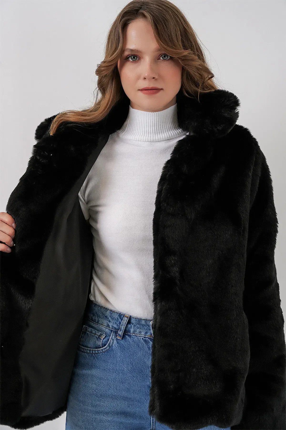 Kadın Peluş Kürk Mont 5234 - Siyah