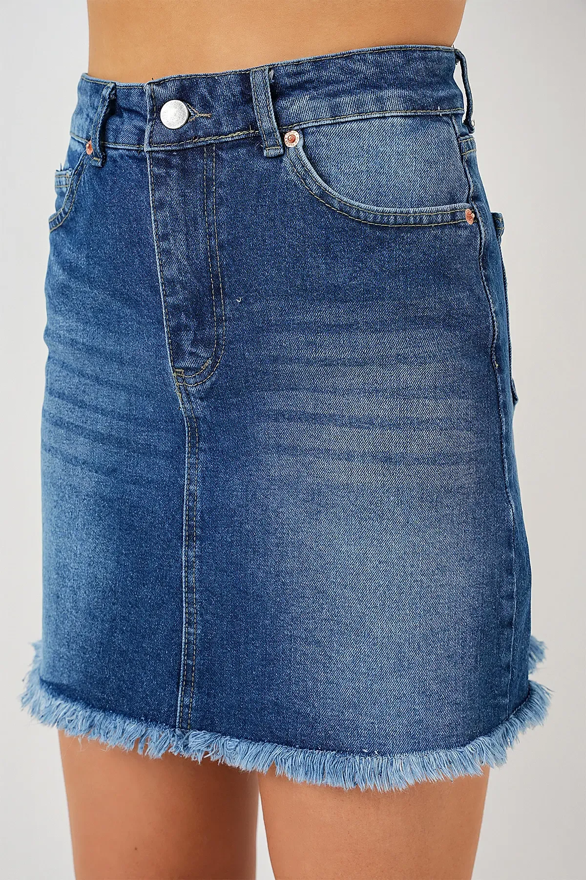 Kadın Püsküllü Mini Kot Etek 8051 - Lacivert