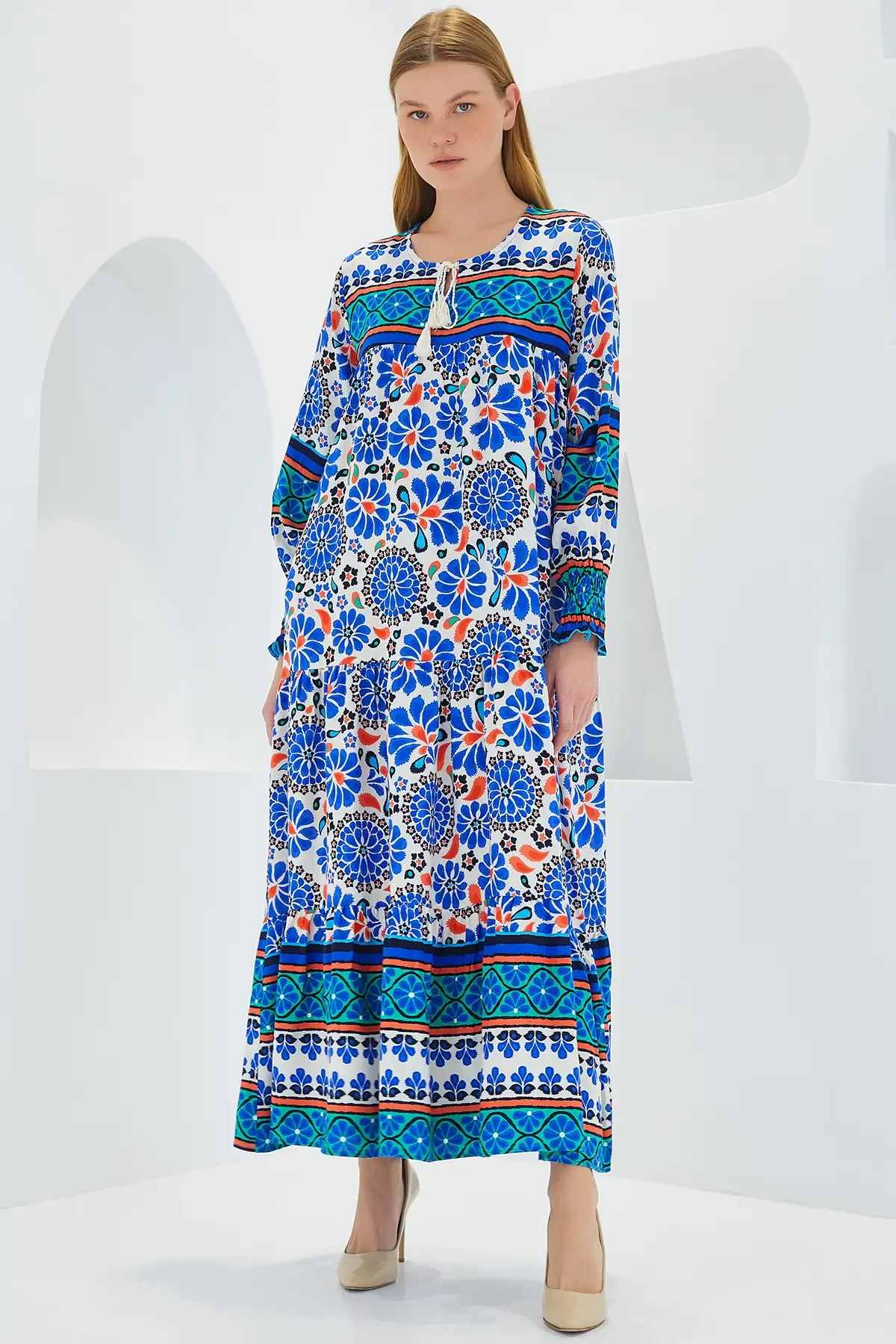 Kadın Saks Mavi Desenli Uzun Viskon Elbise 1947