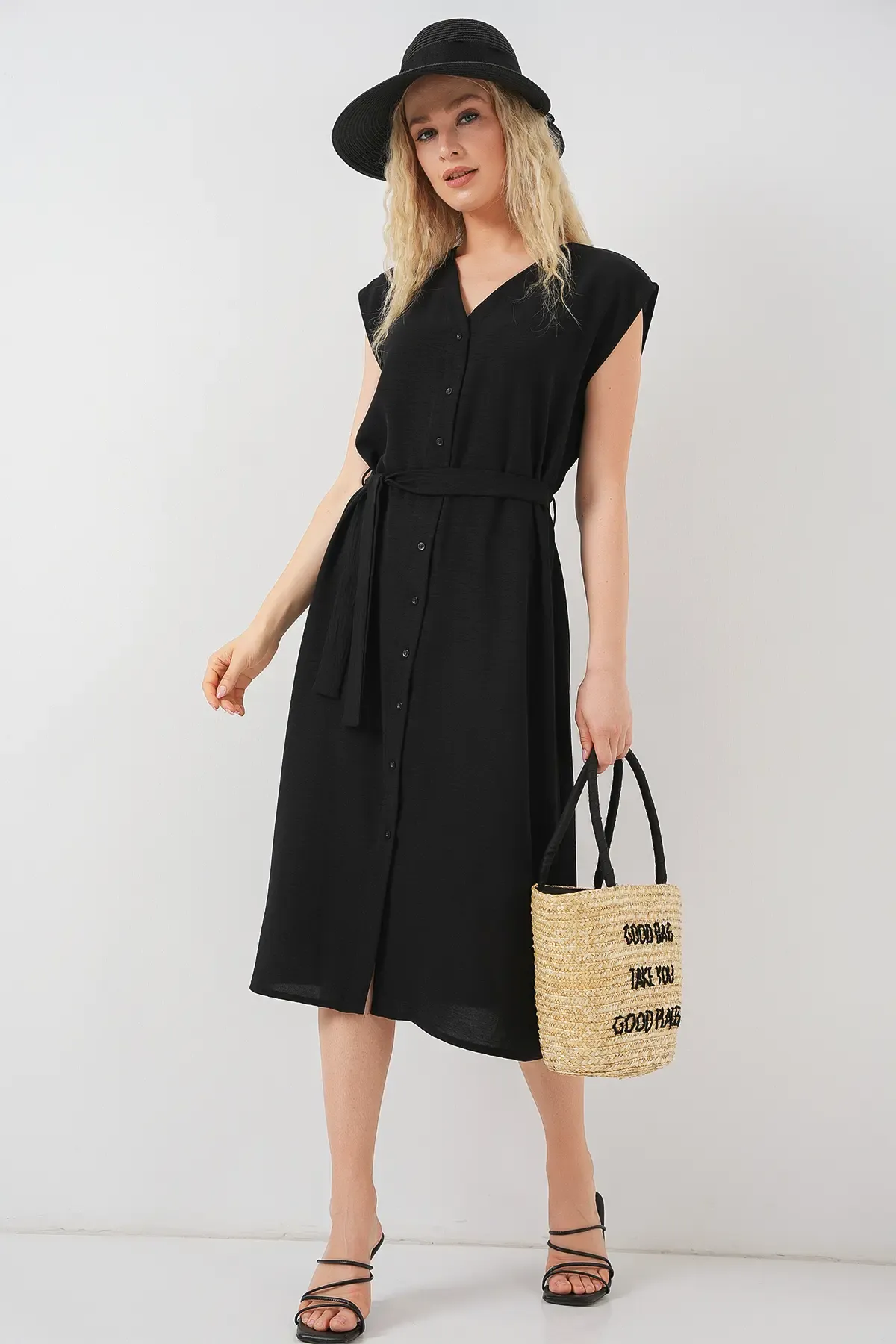 Kadın Sıfır Kol Kuşaklı Ayrobin Elbise 2568 - Siyah