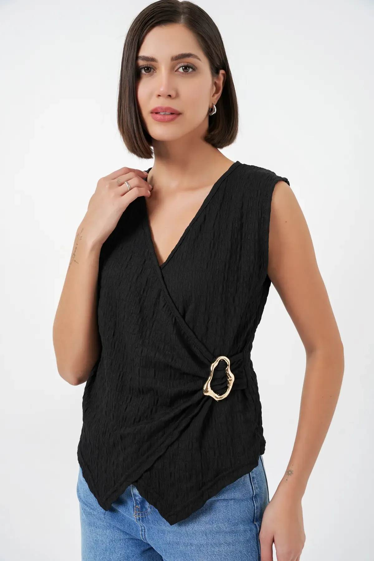 Kadın Sıfır Kol Örme Bluz 988 - Siyah